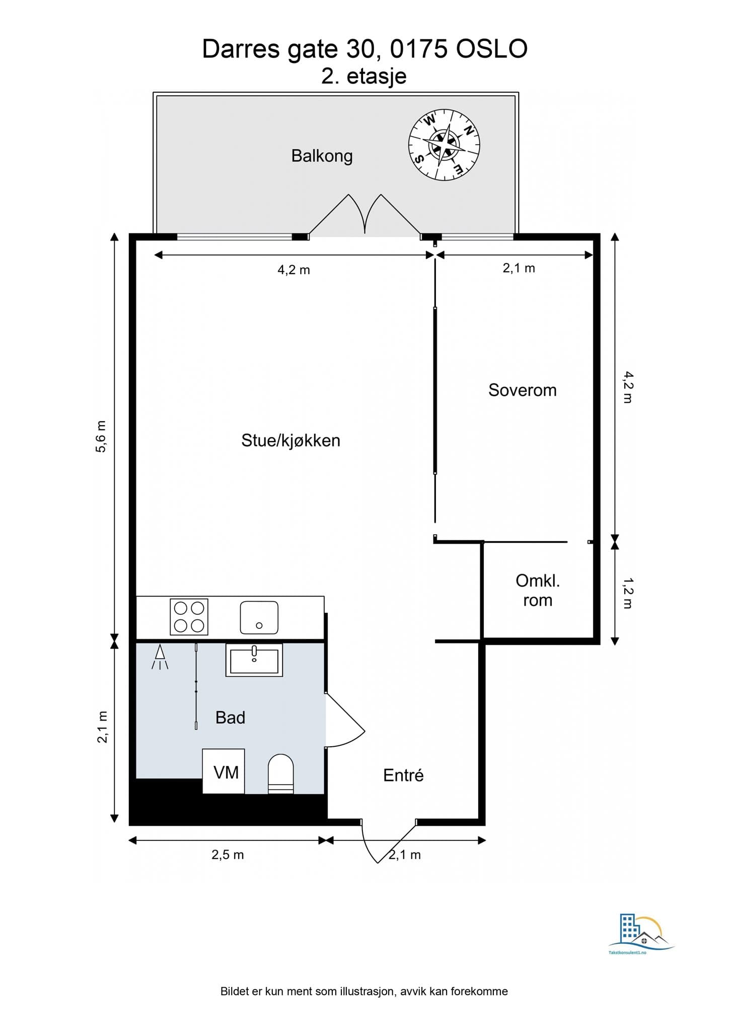 Planløsning. Leiligheten disponerer en kjellerbod på ca. 3 m².