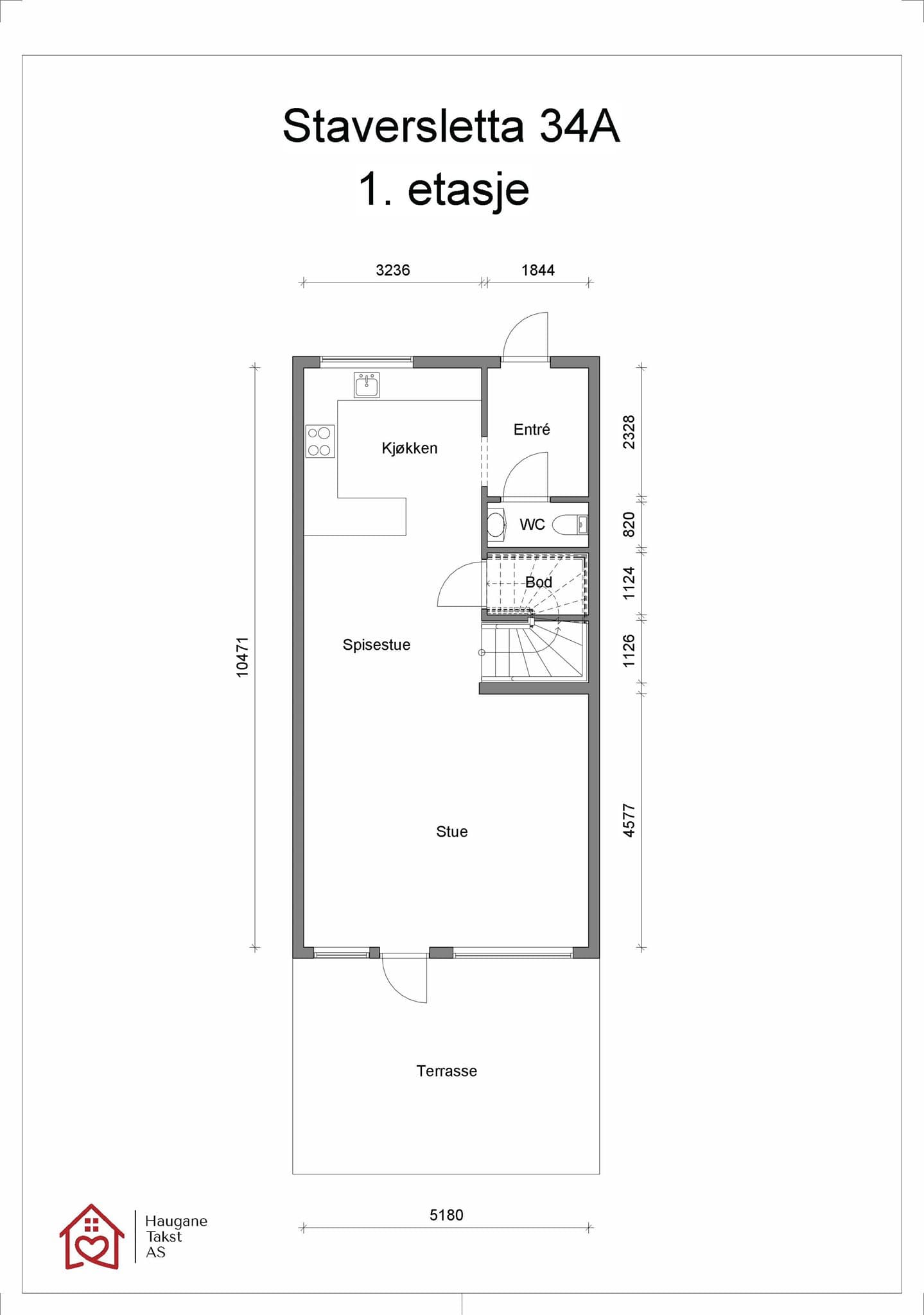 Plantegning 1.etg. Tomannsboligen disponerer en utvendig bod på 5 m² ved inngangspartiet. Boden er oppvarmet og isolert.