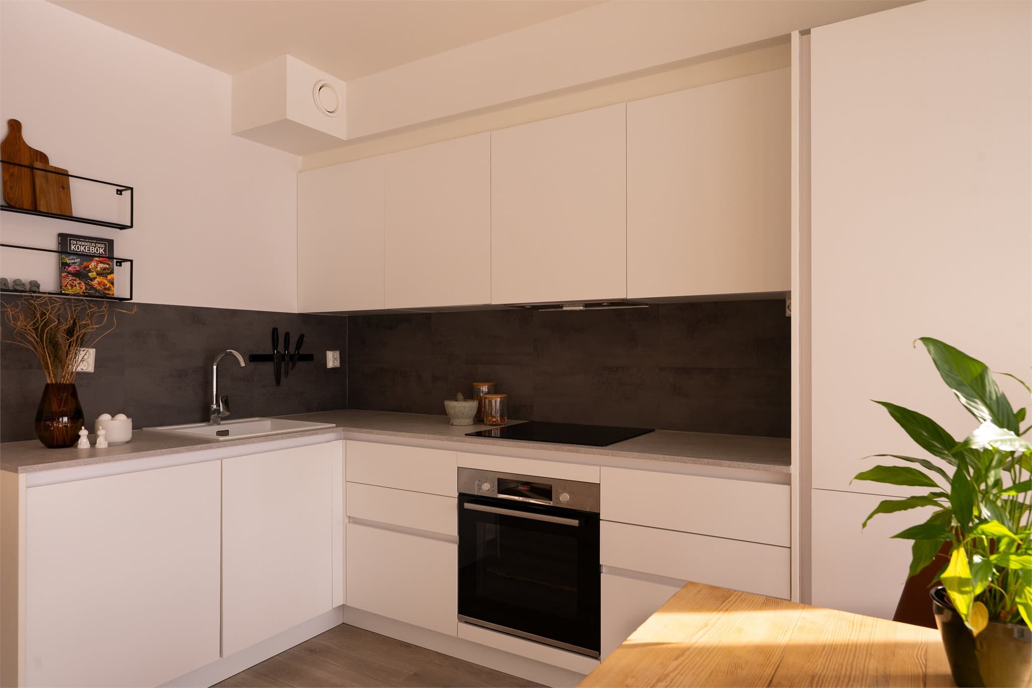 Det er integrert koketopp, stekeovn, oppvaskmaskin og kjøleskap.