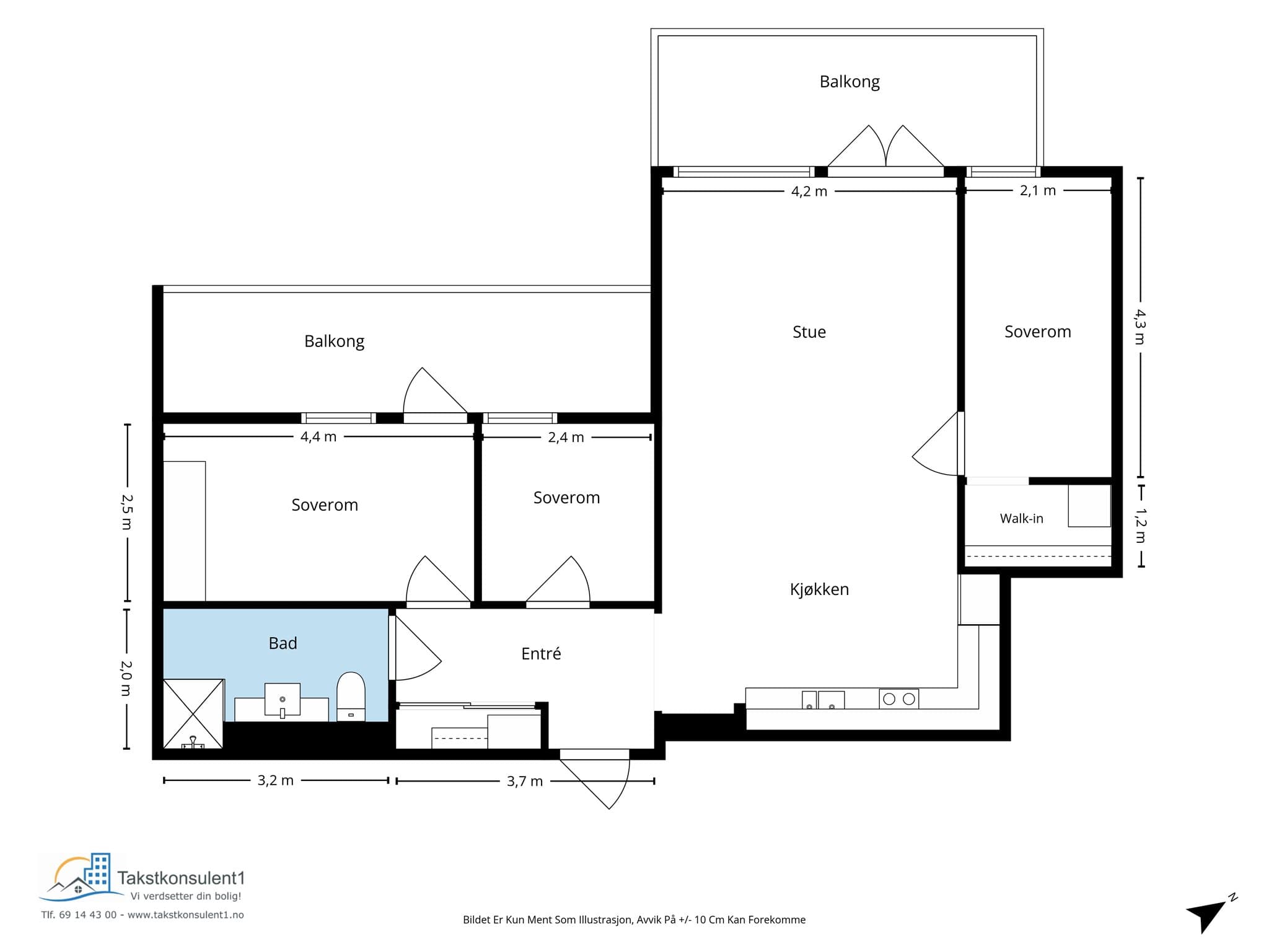 Plantegning. Leiligheten disponerer i tillegg en bod på 3 m² i kjeller.