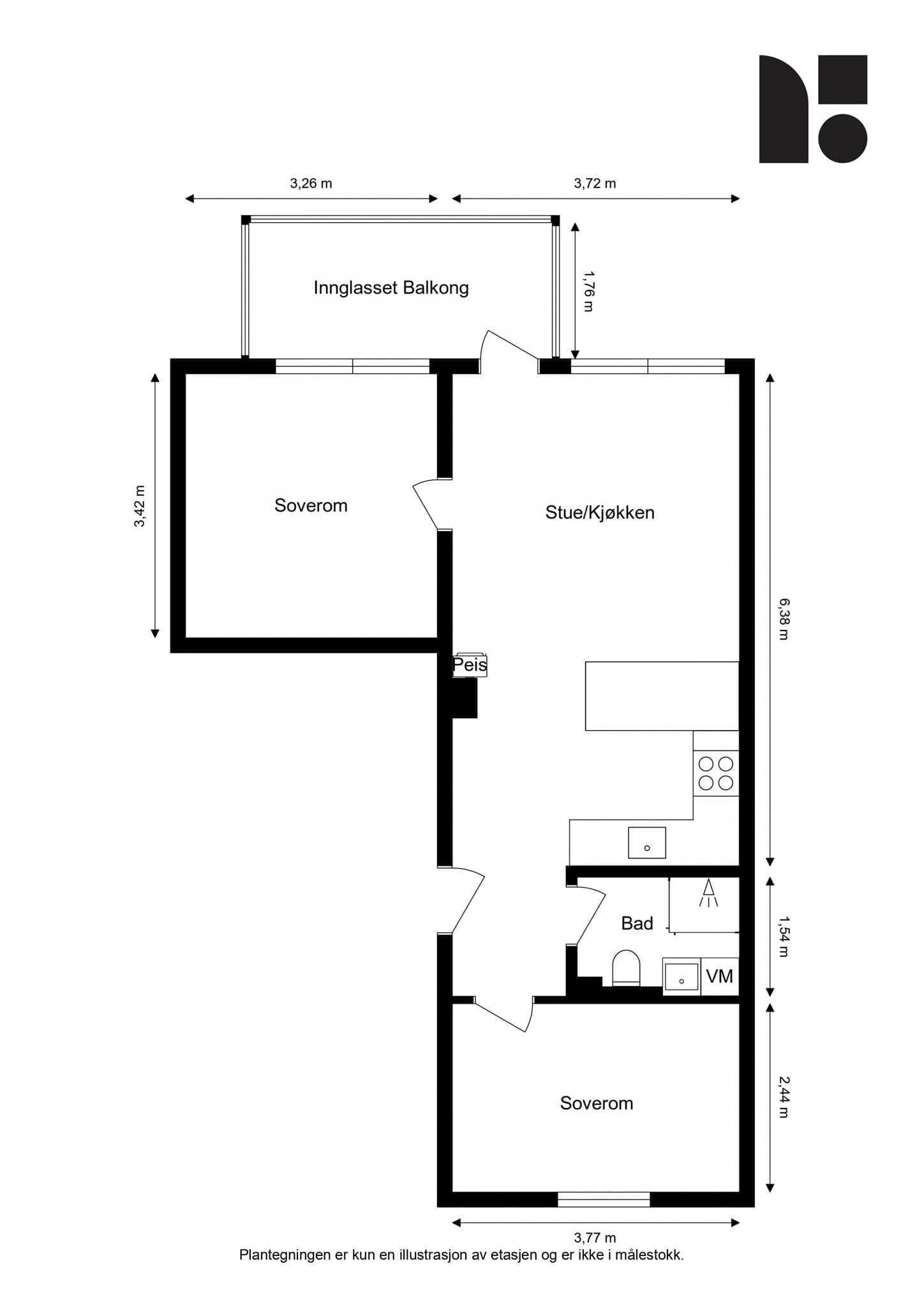Plantegning. Leiligheten disponerer to boder i kjeller på totalt 4 m² og en bod på loftet på 4 m² (Gulvareal målt til ca. 12 m²).
