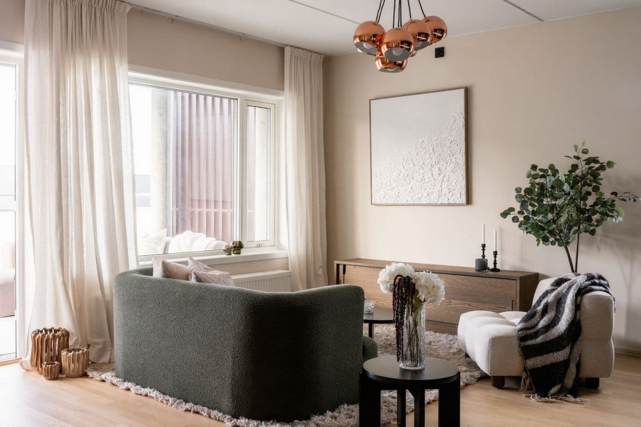 Sofakroken har store vinduer som slipper inn rikelig med dagslys.