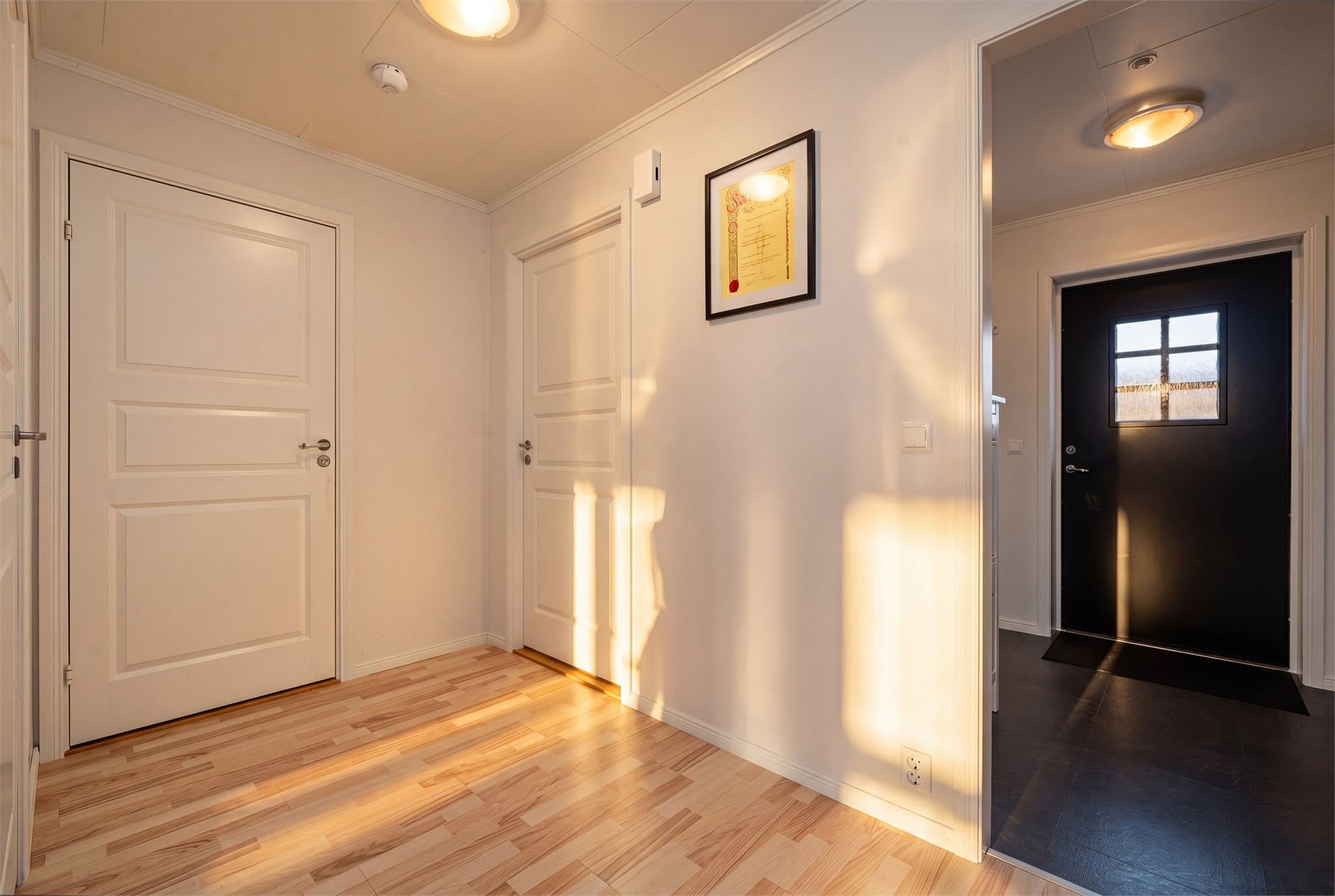 Leiligheten har entré med plass til oppbevaringsmøbel samt en romslig gang.