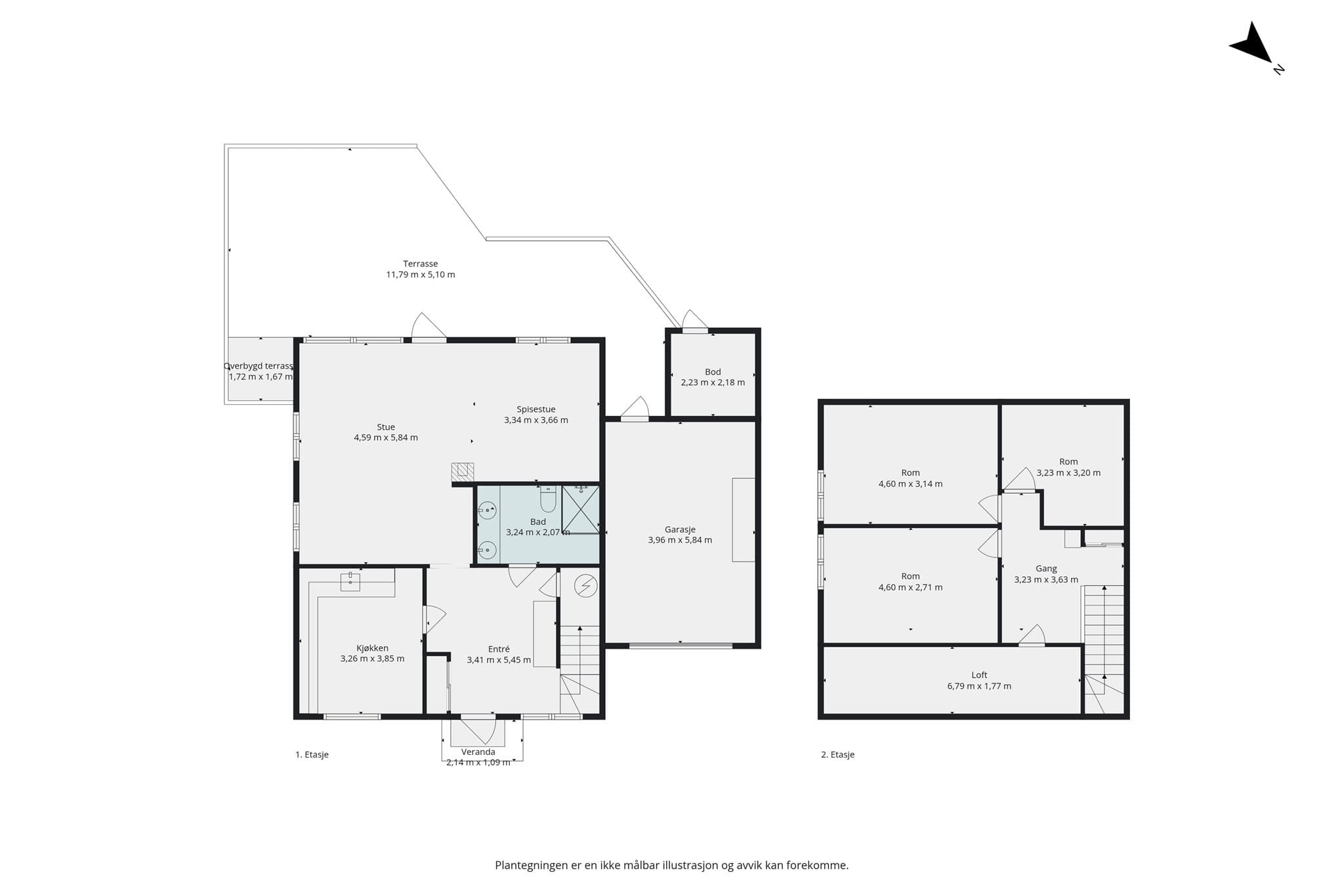 Plantegning 1. etasje og loftsetasje.