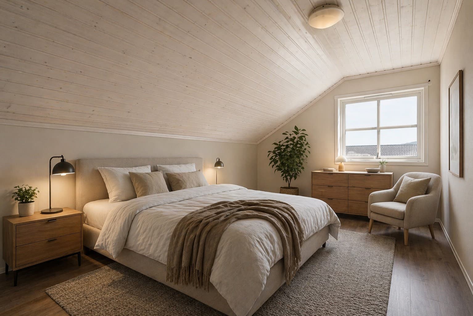 Soverommet i loftsetasjen er digitalt stylet i en gjennomført nordisk stil, hvor lyse fargetoner, rene linjer og naturlige materialer skaper en rolig og harmonisk atmosfære. (Bildet er digitalt møblert)