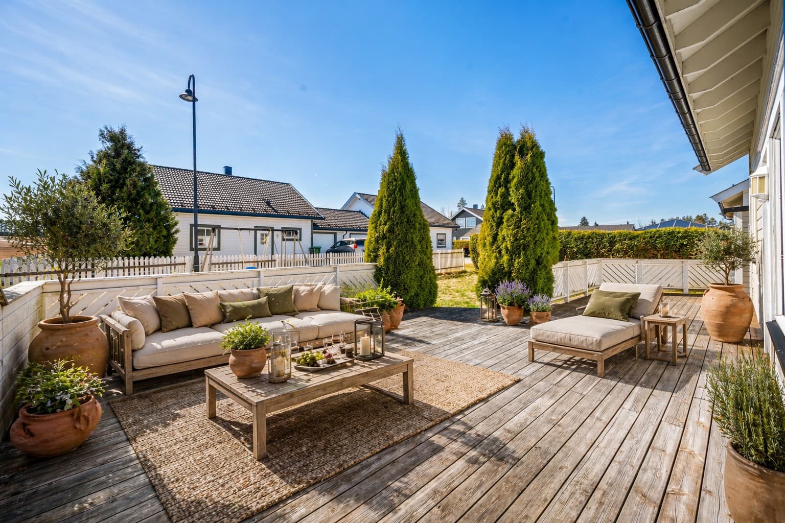 Fra stuen har du direkte utgang til en generøs terrasse som forlenger oppholdsrommet på en naturlig måte. Uteområdet byr på gode solforhold og rikelig med plass til både utemøbler og sosiale sammenkomster. (Bildet er digitalt møblert)