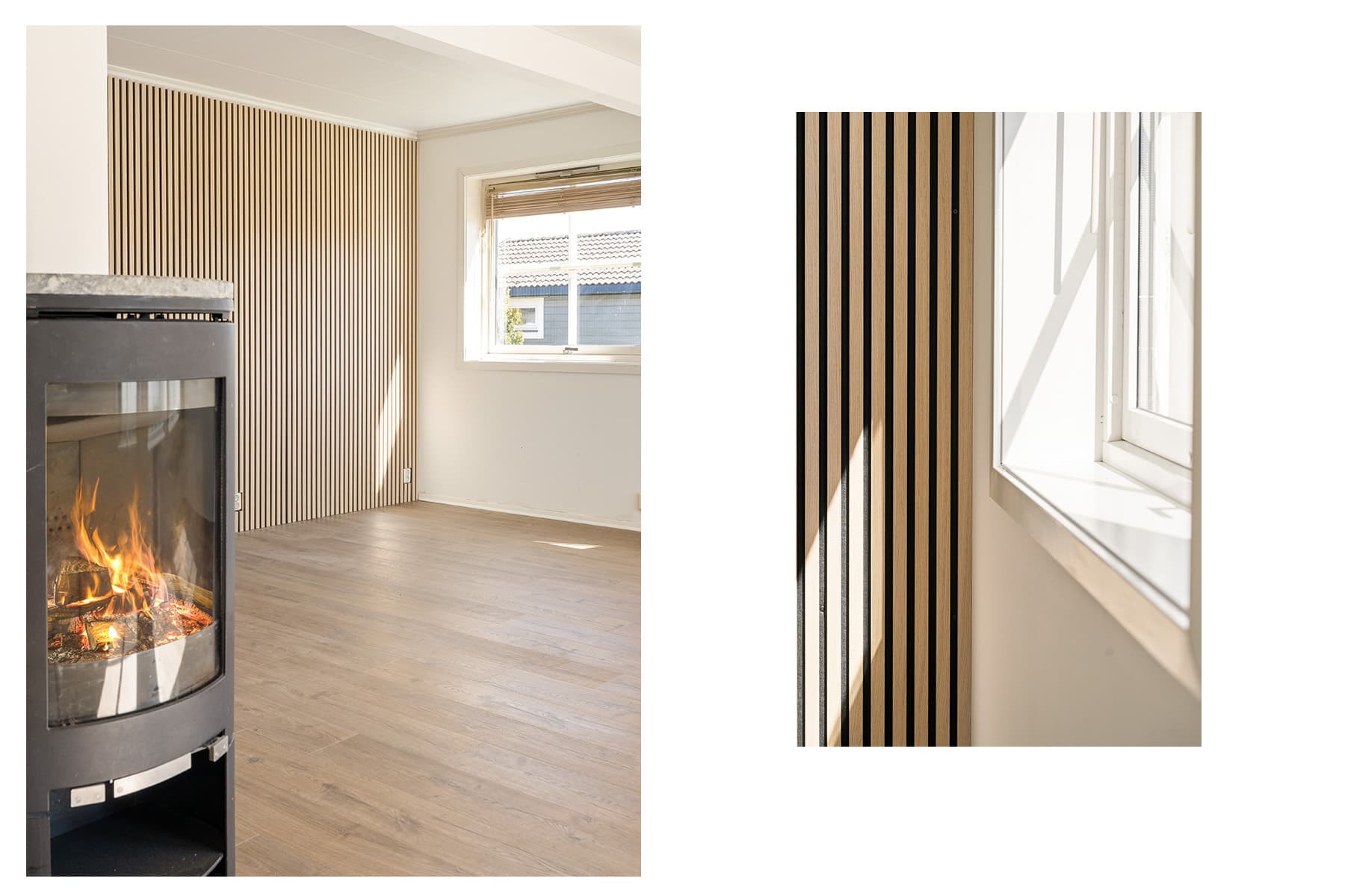 En elegant spilevegg danner en flott fondvegg mot kjøkkenet og tilfører rommet et tidsriktig og stilrent uttrykk. Samtidig sørger en moderne, rentbrennende Jøtul peisovn med store glassflater for både effektiv oppvarming og en lun, atmosfære til rommet.