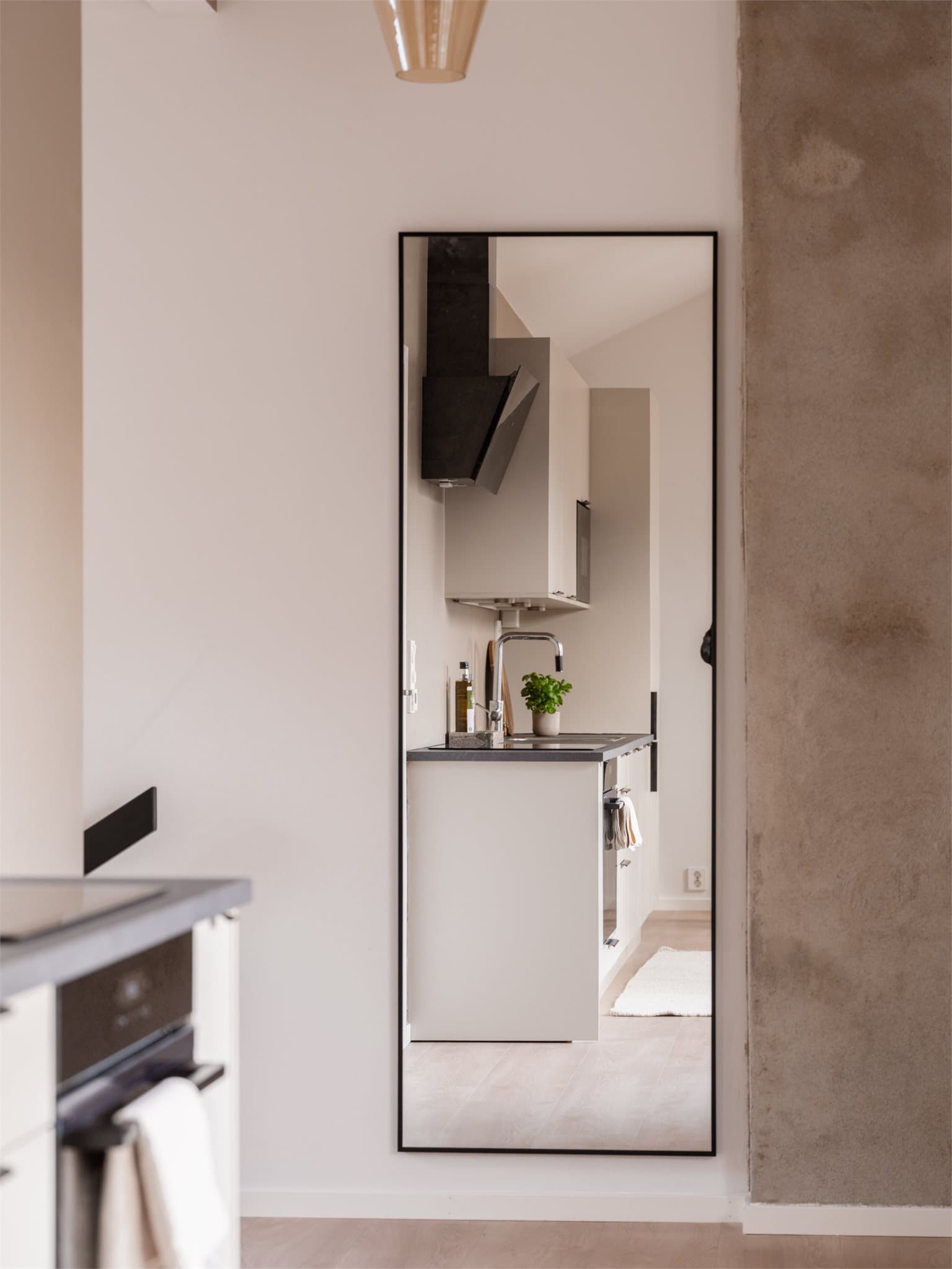 Det er integrerte hvitevarer som oppvaskmaskin, stekeovn, induksjonstopp og kjøl-/fryseskap.