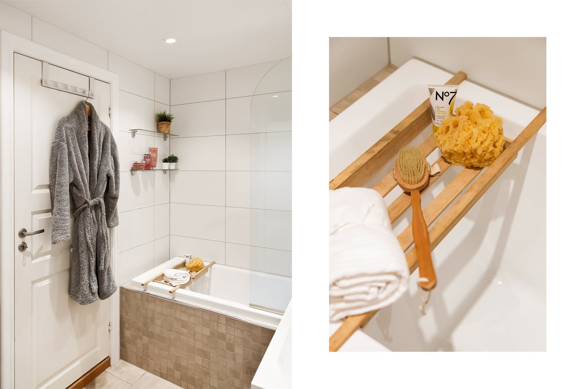 Badet er innredet med heldekkende servant, speilskap med belysning, veggskap, vegghengt toalett og badekar med innfellbar dør i herdet glass -