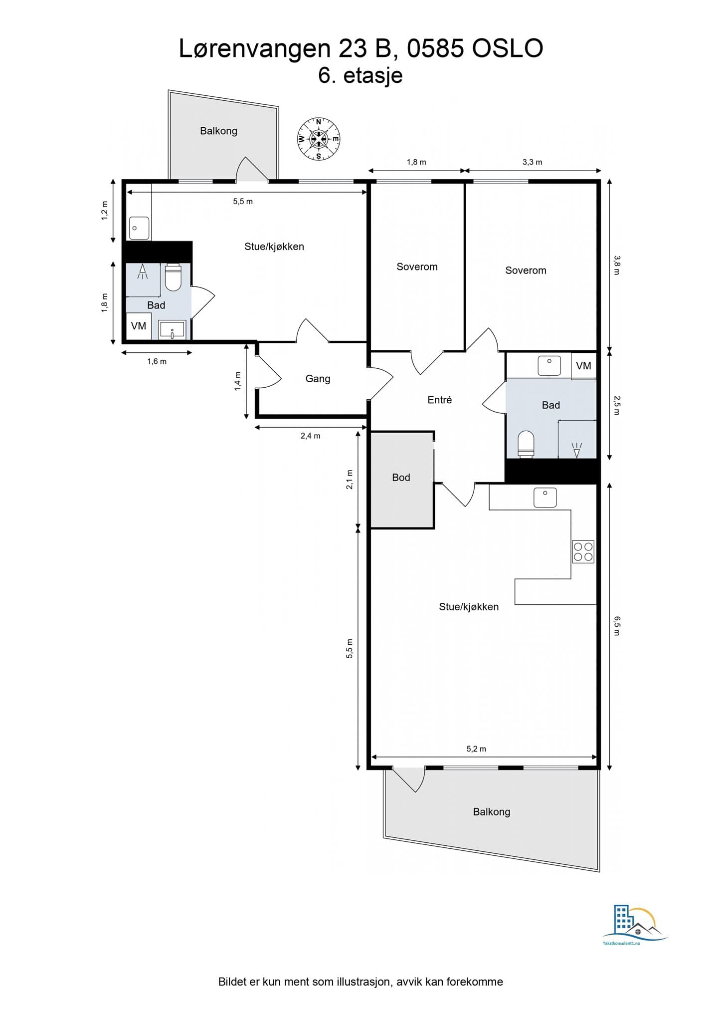 Plantegning. Leiligheten disponerer en bod i kjelleren på 5 m² og en garasjeplass i fellesanlegg.