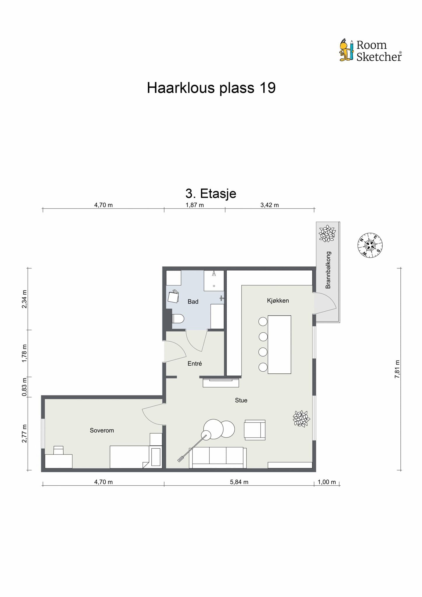 Plantegning. I tillegg disponerer leiligheten to boder - en i kjeller og en på loft.