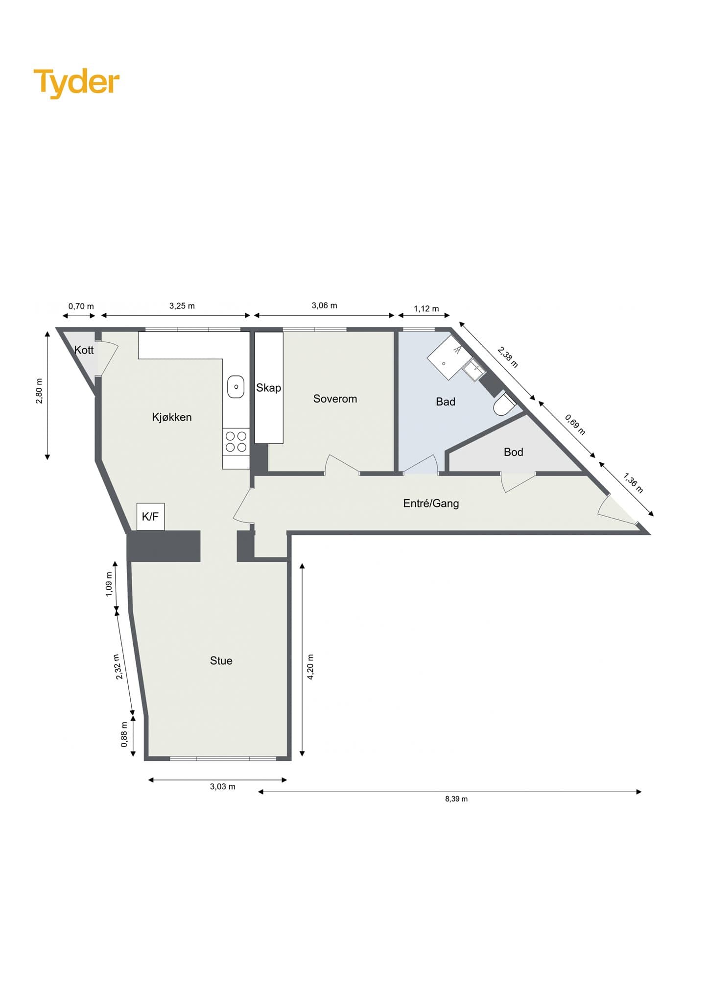Plantegning. Leiligheten disponerer en bod i kjelleren på 5 m² og en bod på loftet med et gulvareal på ca. 7,5 m² (ikke måleverdig areal grunnet lav takhøyde).