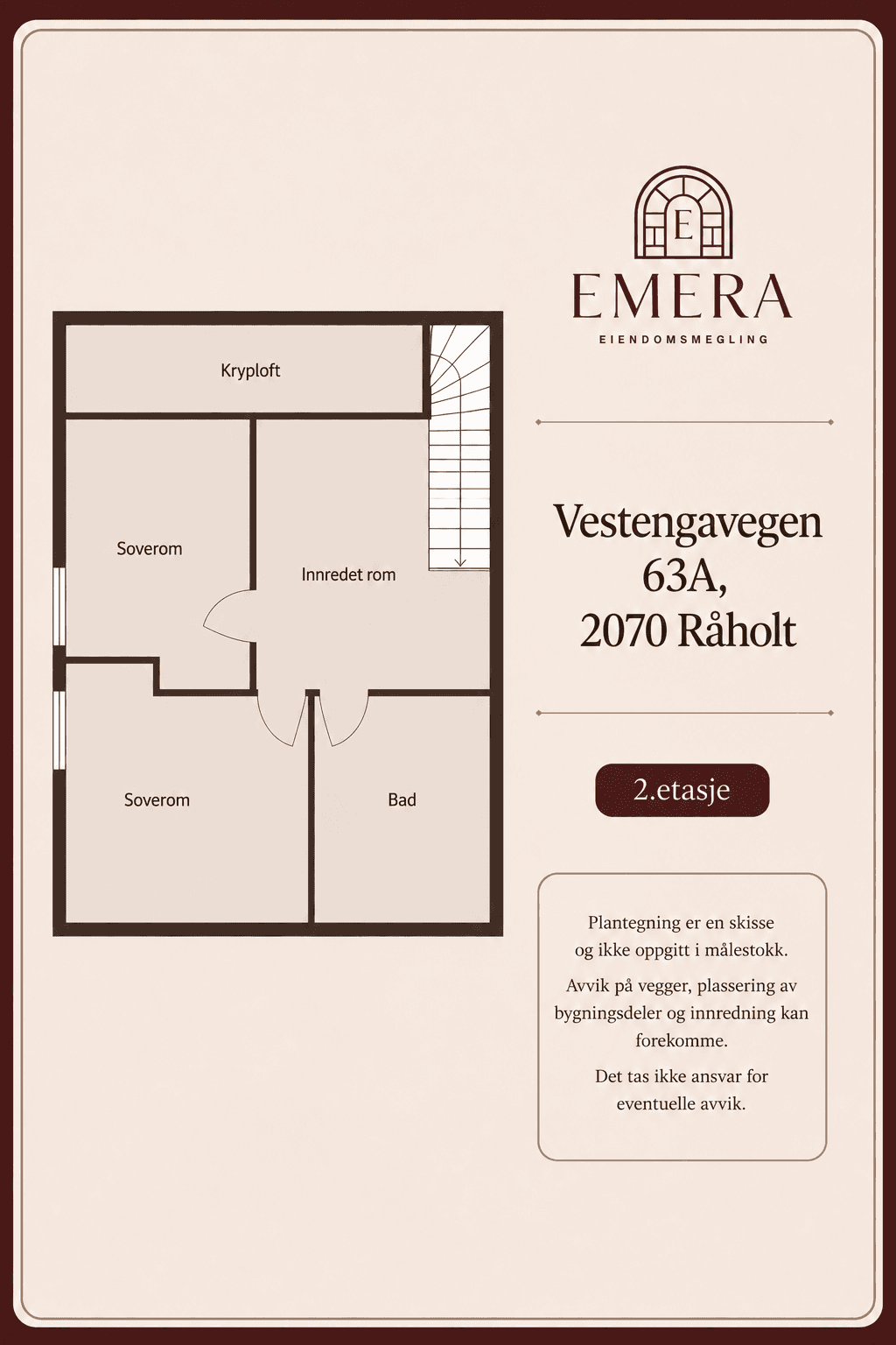 Plantegning loftsetasje. Noe avvik mellom godkjente tegninger rom betegnet som 'innredet rom' opprinnelig er gang og bod, se salgsoppgave.