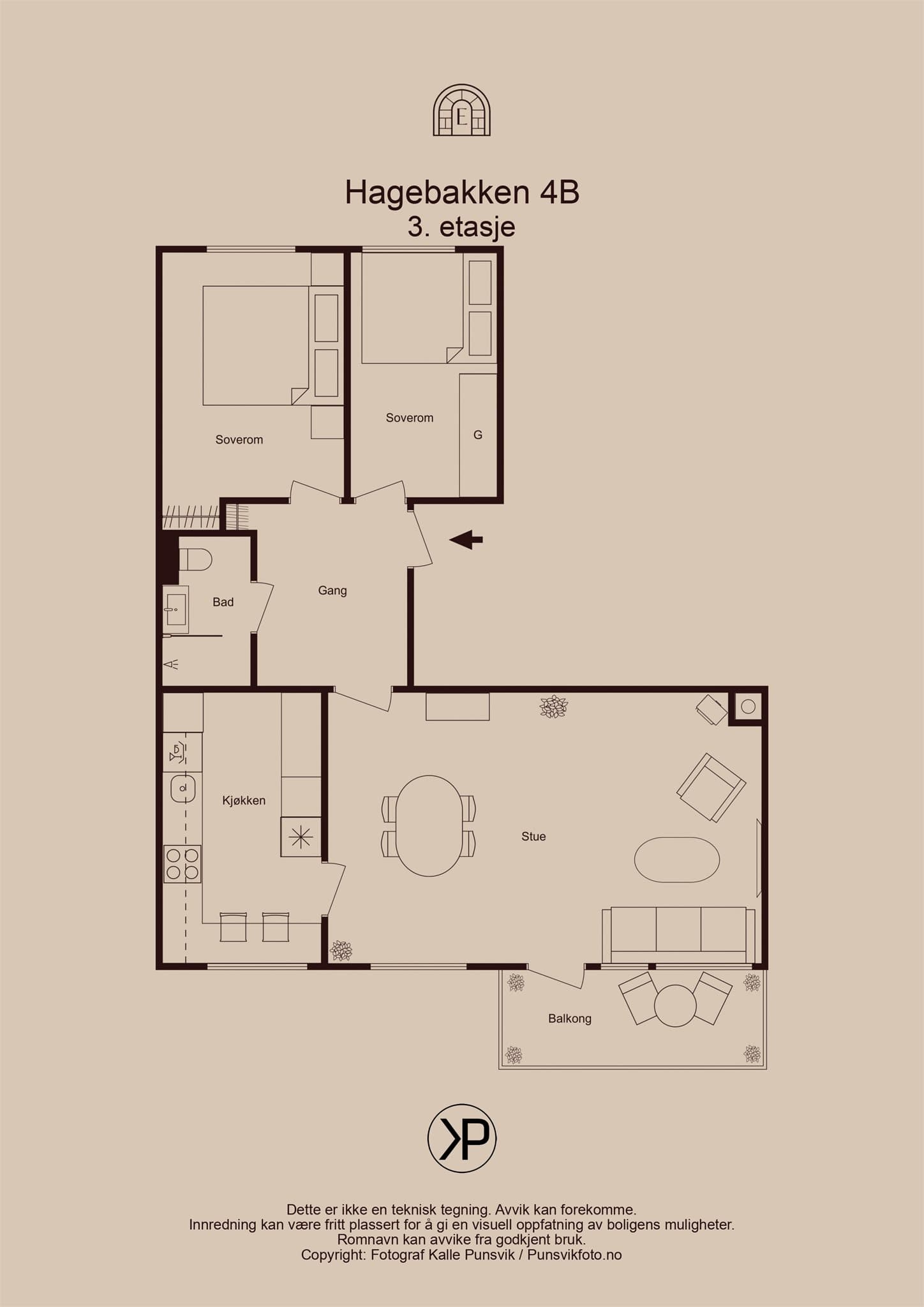 Leiligheten har ei god og gjennomgående planløsning med soverommene vendt mot rolig bakgård