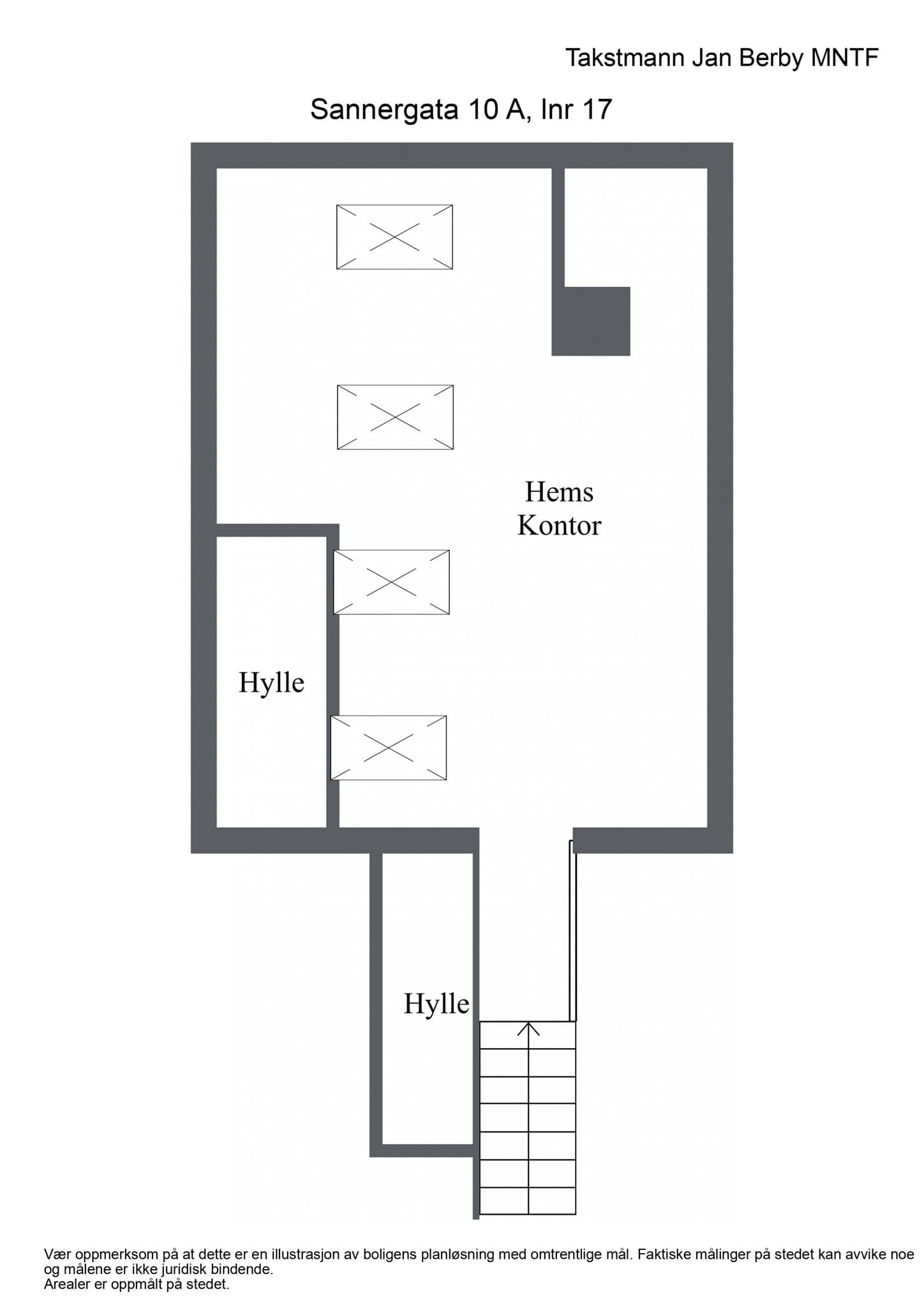 Plantegning for hemsen. Arealet er ikke målbart, men har et gulvareal på 18 m².