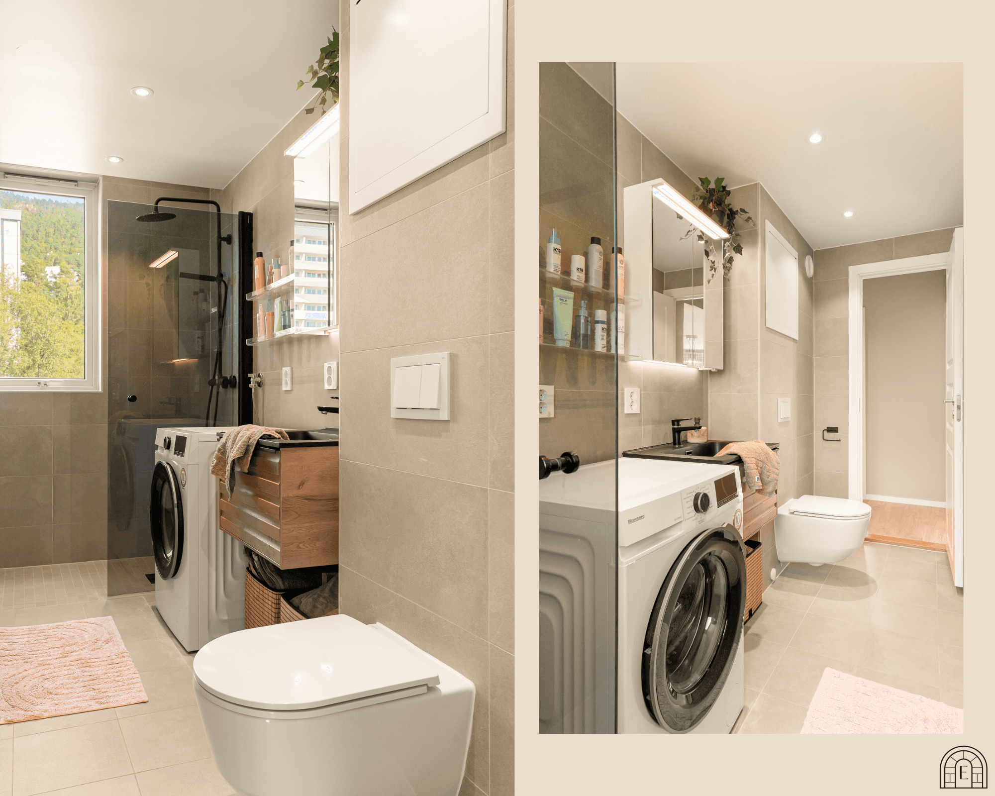 - Badet er innredet med heldekkende servant, dusj m/glassvegg, toalett og opplegg for vaskemaskin -