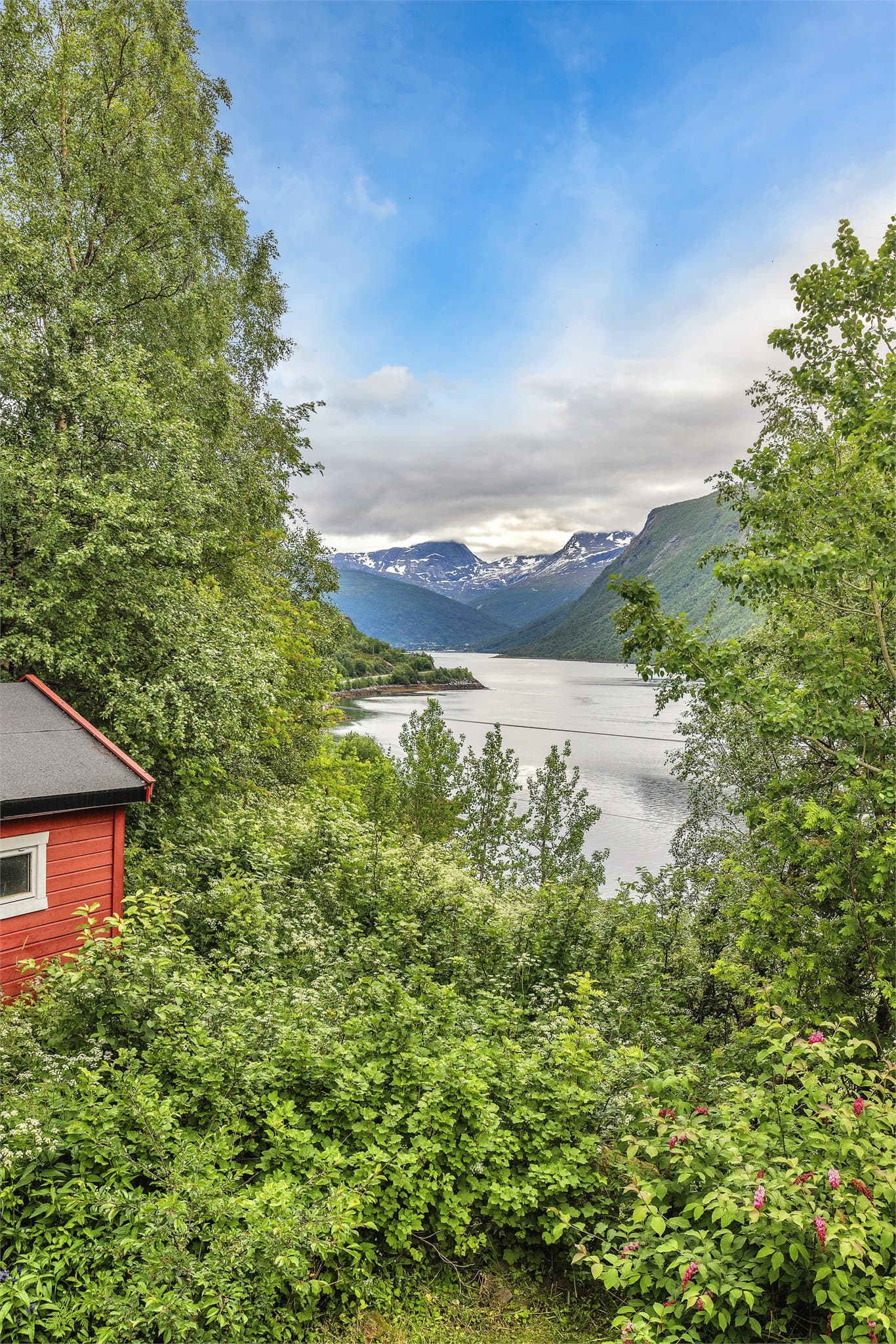Utsikt mot Beisfjorden og fjellene fra eiendommen.