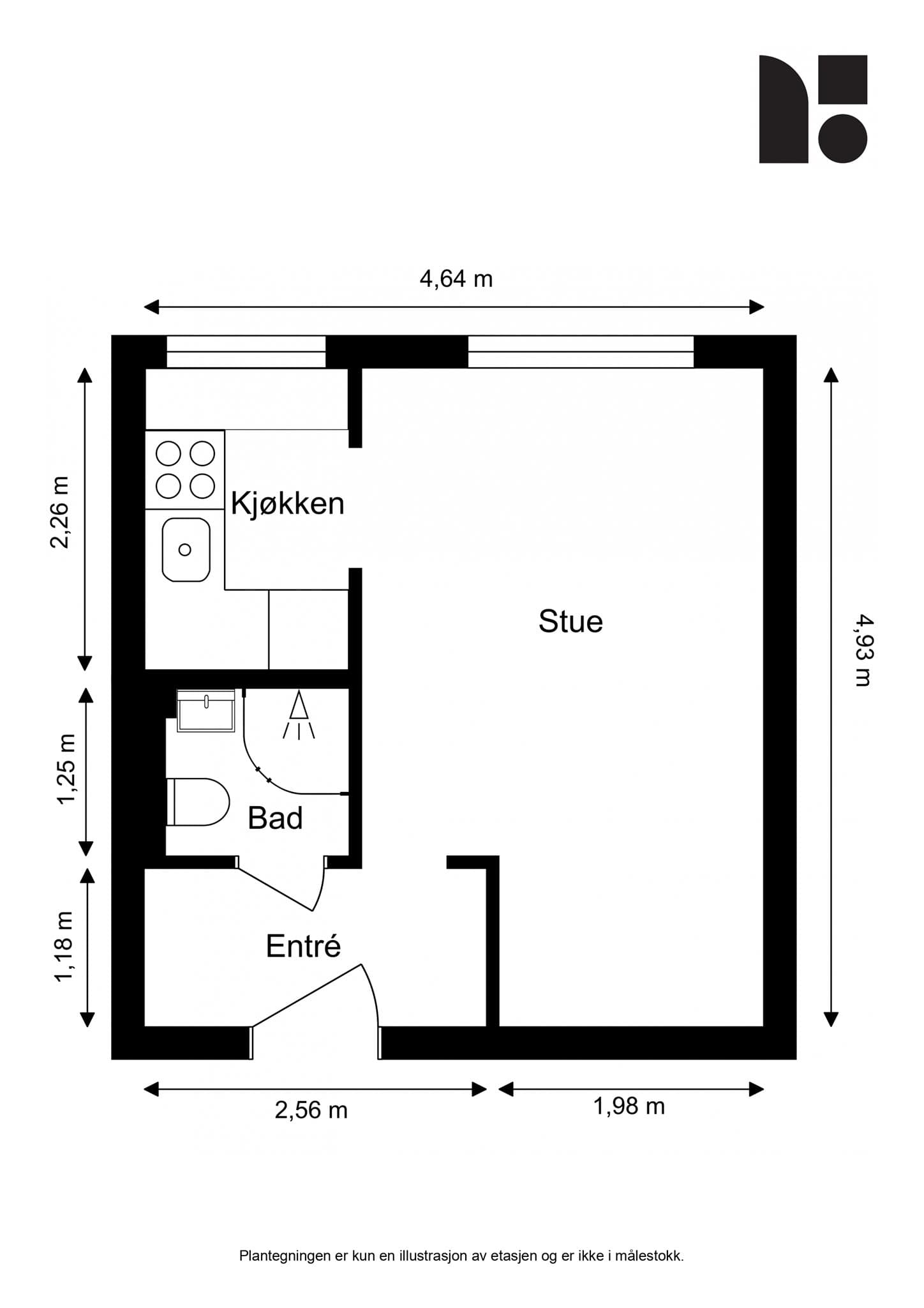 Plantegning. Med leiligheten medfølger det en bod på loft på 2 m².