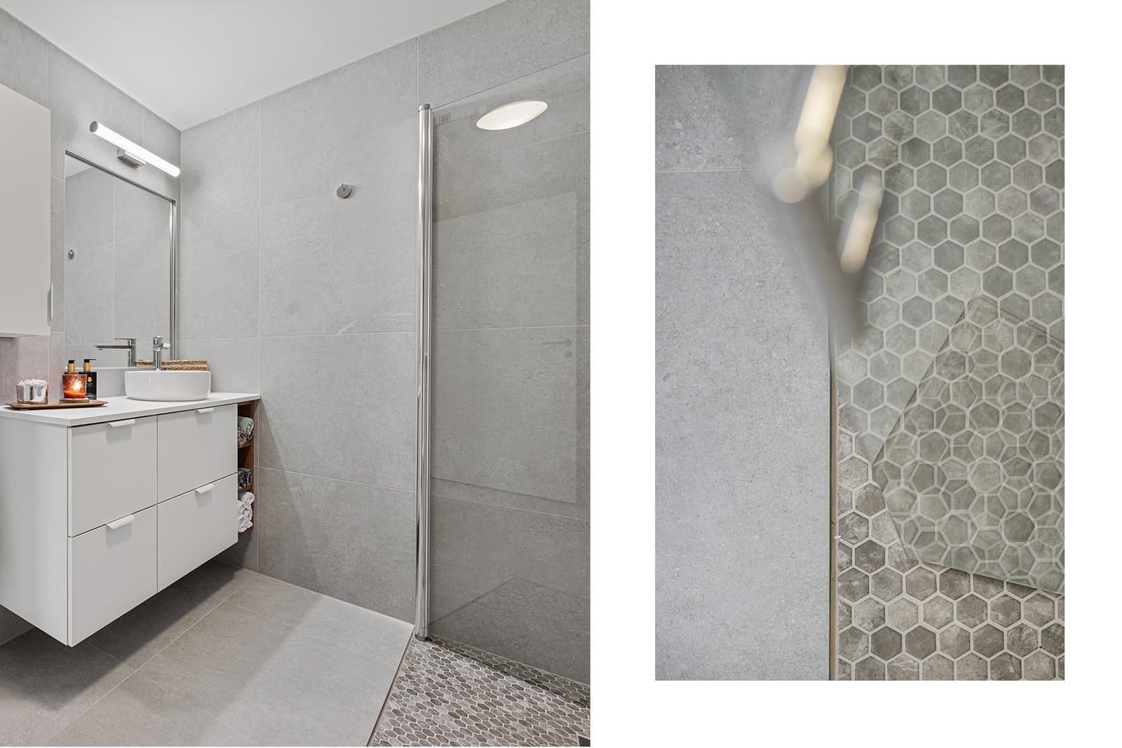 Store fliser i 60x60-format på både gulv og vegger skaper et rolig og helhetlig preg, mens den elegante dusjsonen er utført med dekorativ mosaikk og innfellbare dusjvegger i herdet glass.