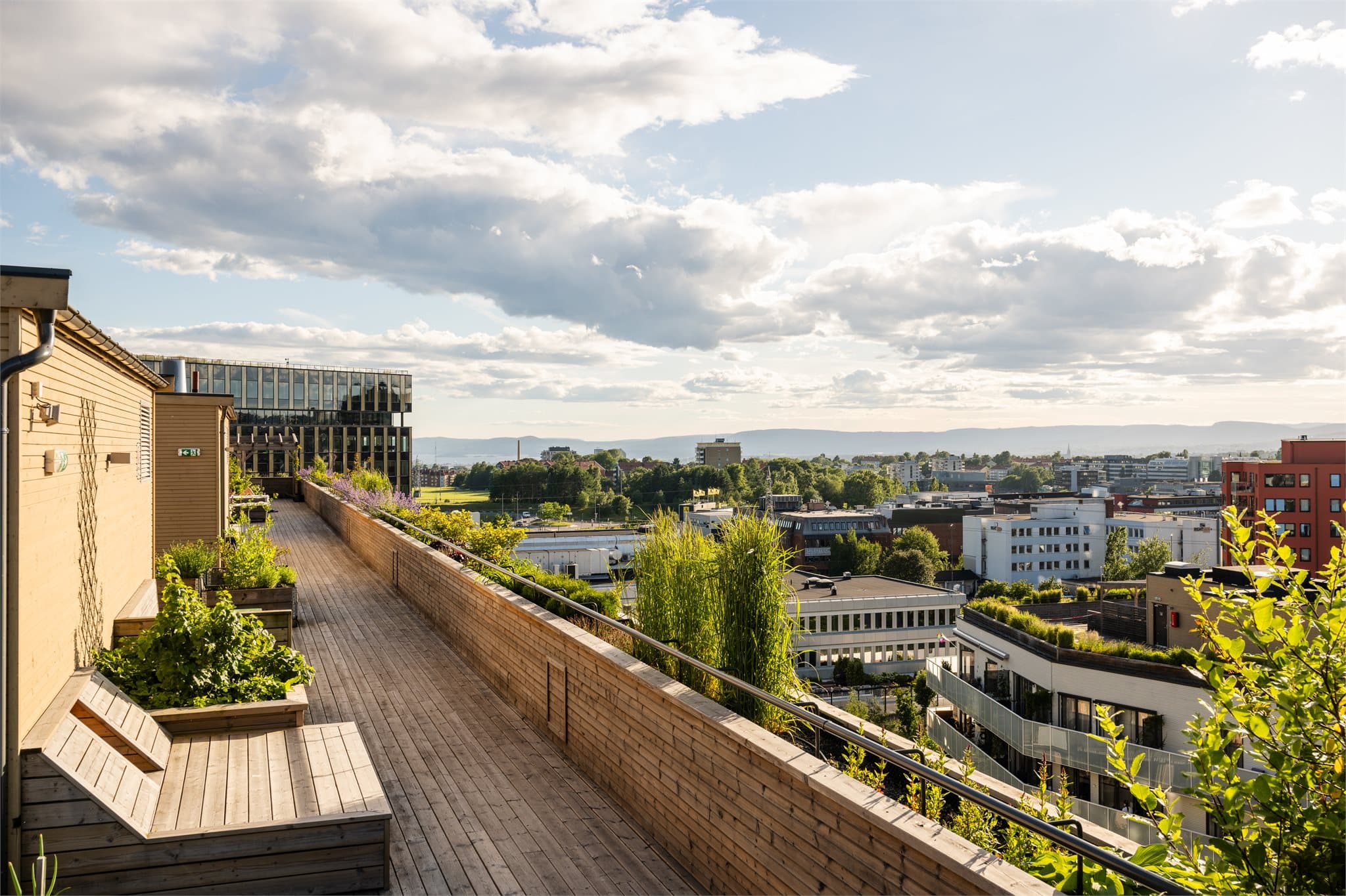 Fra takterrassene er det vid utsikt over nærområdet og mot sentrum.