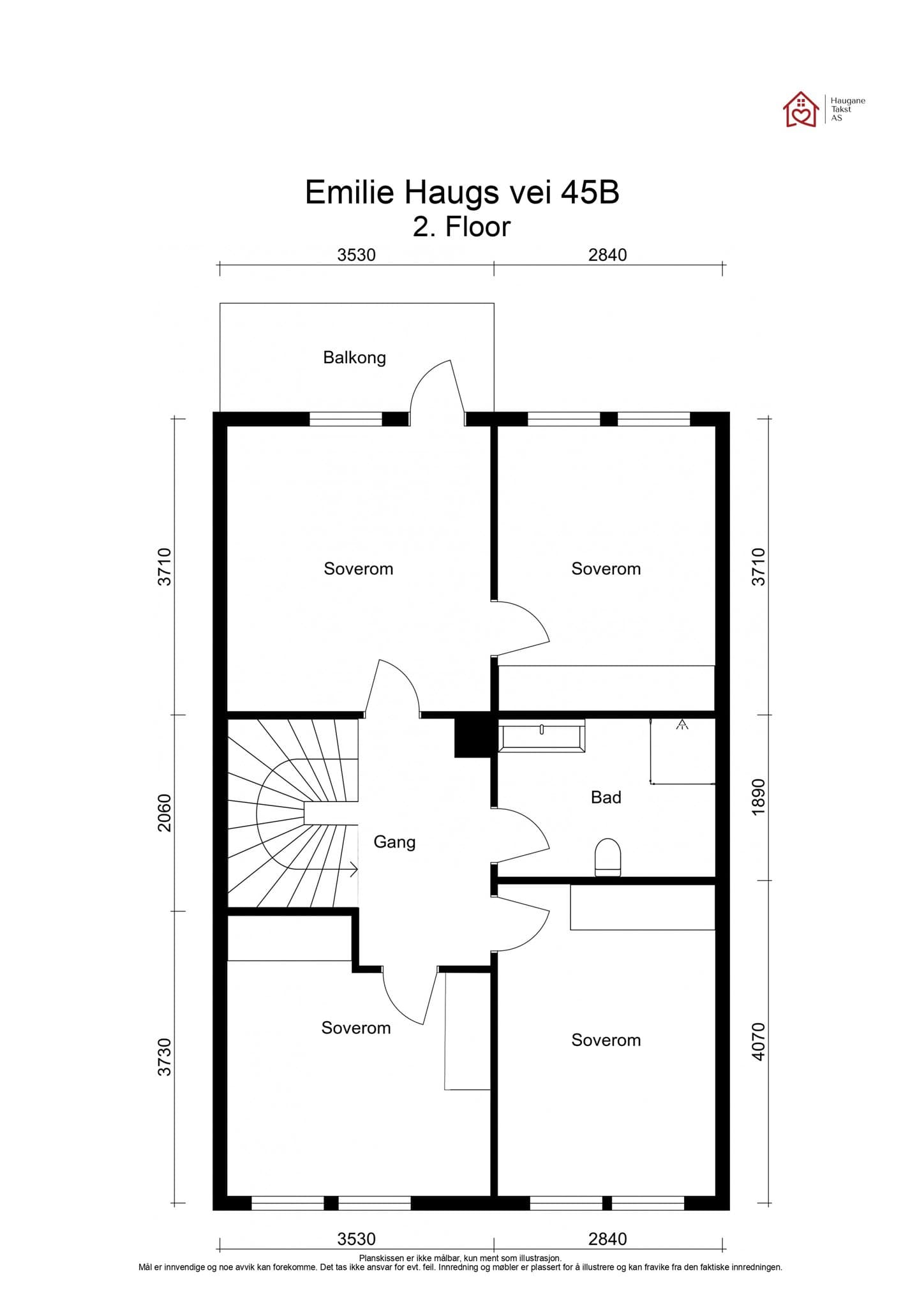 Andre etasje er en privat sone med fire gode soverom og et bad. Hovedsoverommet har utgang til egen balkong.