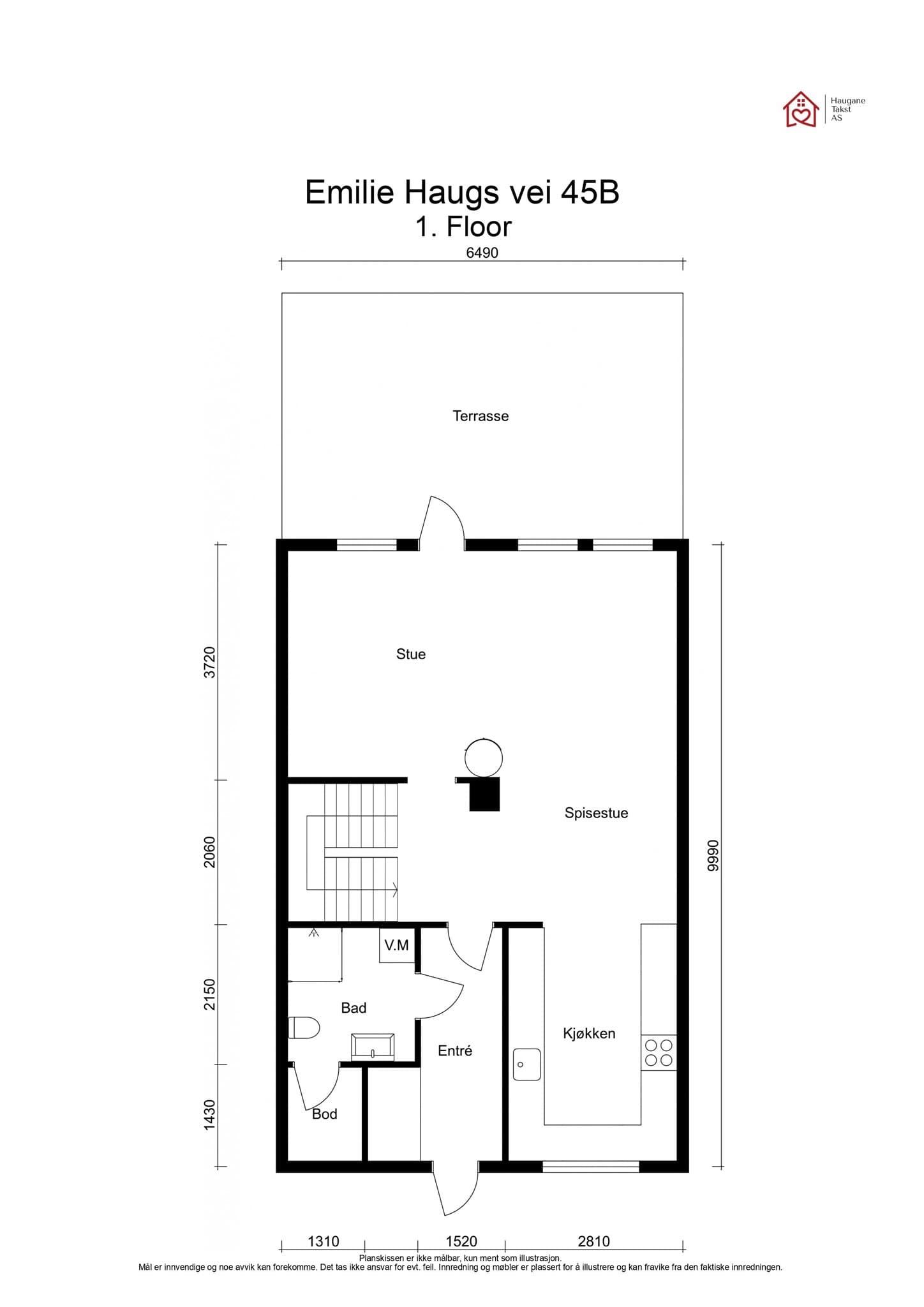 Første etasje har en sosial og åpen planløsning med stue, spisestue og kjøkken. Herfra er det direkte utgang til den store markterrassen.