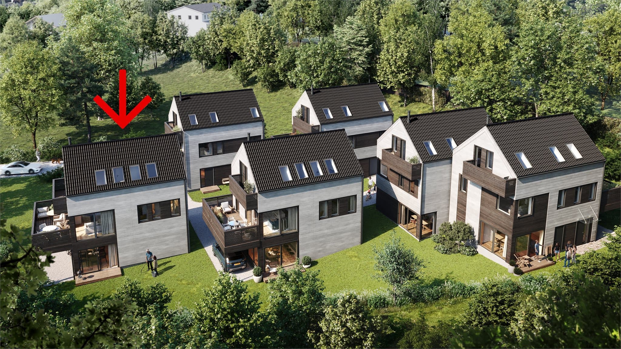 Fire arkitekttegnede eneboliger og èn tomannsbolig i et veletablert og attraktivt område.