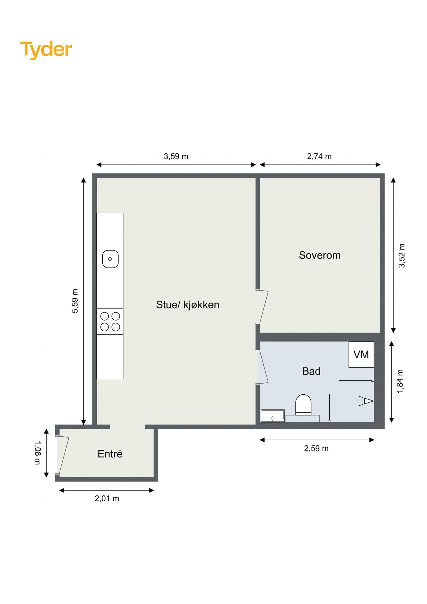 Plantegning. Leiligheten disponerer også en bod i kjeller med et gulvareal på ca. 3 m².