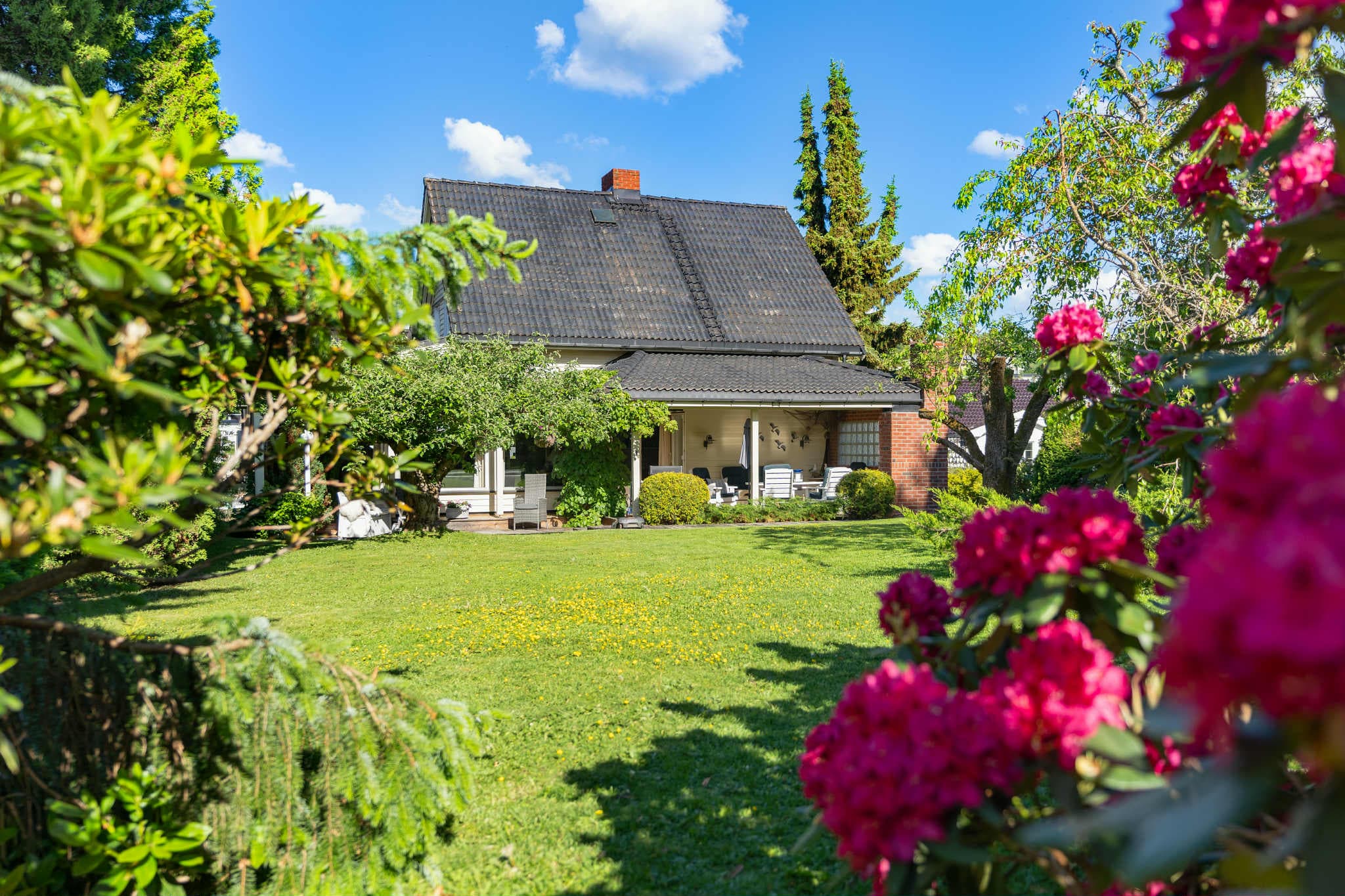 Store planter, plen og fargerike blomster gjør hagen innbydende for både barn og voksne.