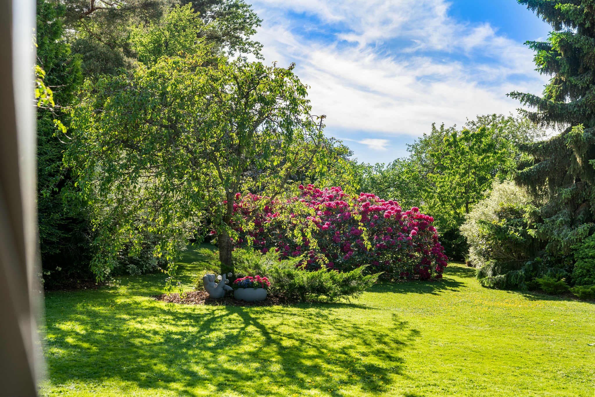 Hagen er omkranset av flotte, høye trær som gir ro og privatliv.