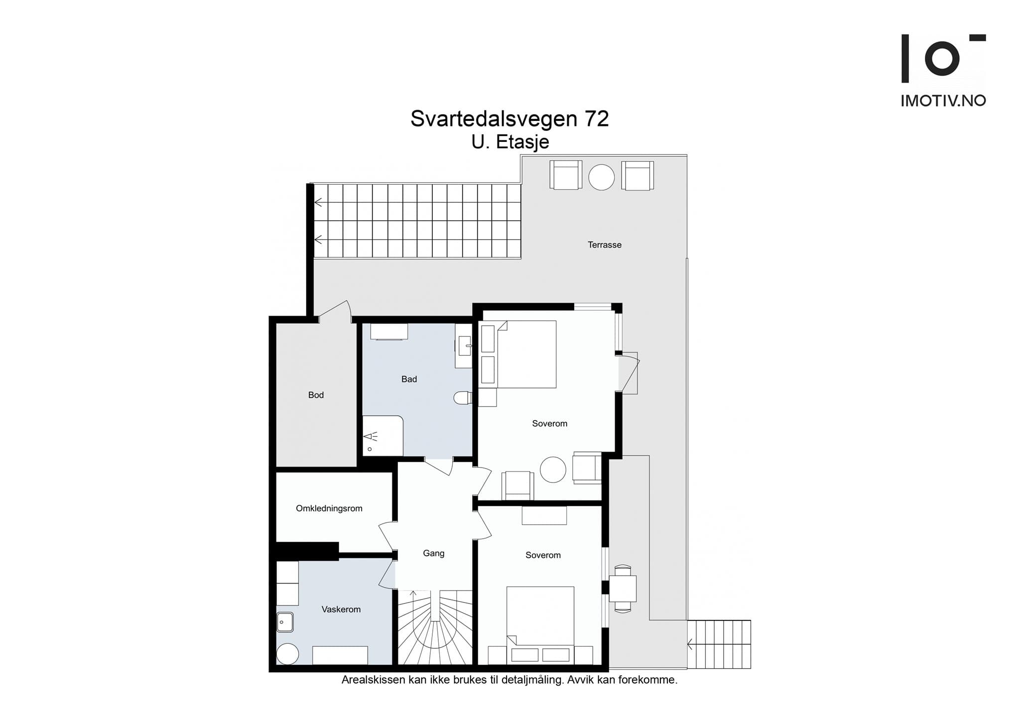 - Planløsning underetasje (merk: det er ikke vegg mellom de to bodene) -