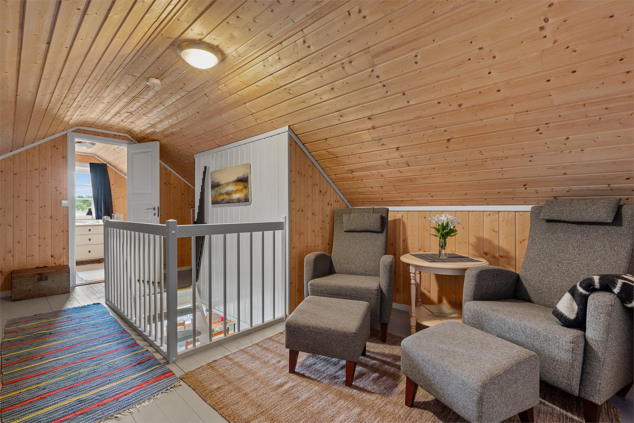 Loftsetasjen består av ett rom innredet som loftstue og to rom innredet som soverom.