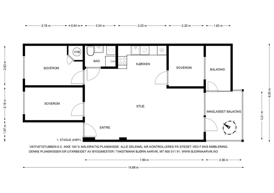 Planløsning. I tillegg disponerer boligen to boder i kjeller på 4 m² og 2 m².