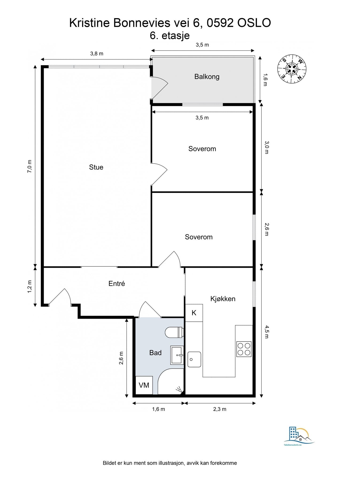 Plantegning. Leiligheten disponerer en loftbod på 6,3 m² og en kjellerbod på ca. 2,7 m².