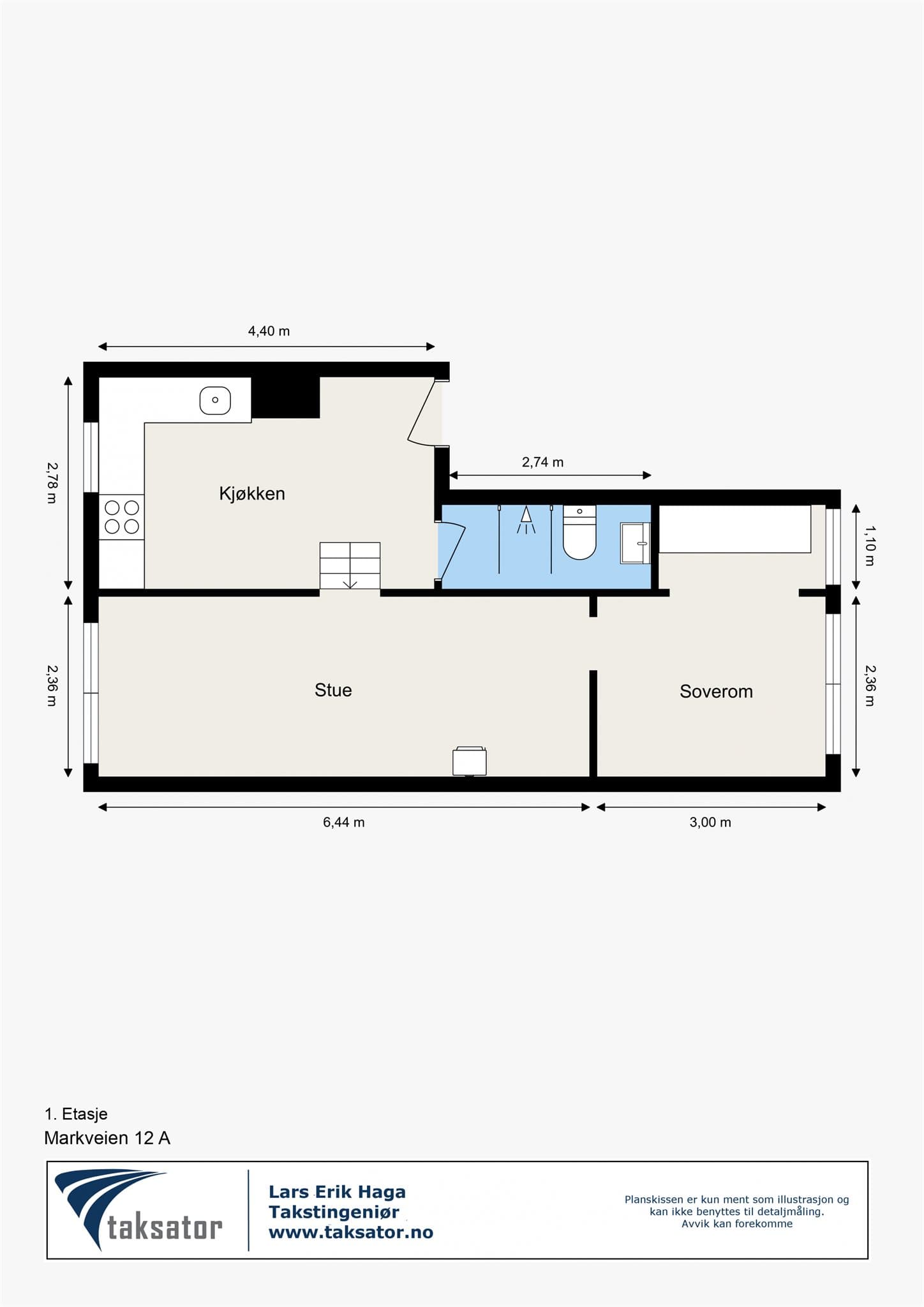 Leiligheten består av kjøkken, stue, bad og soverom.