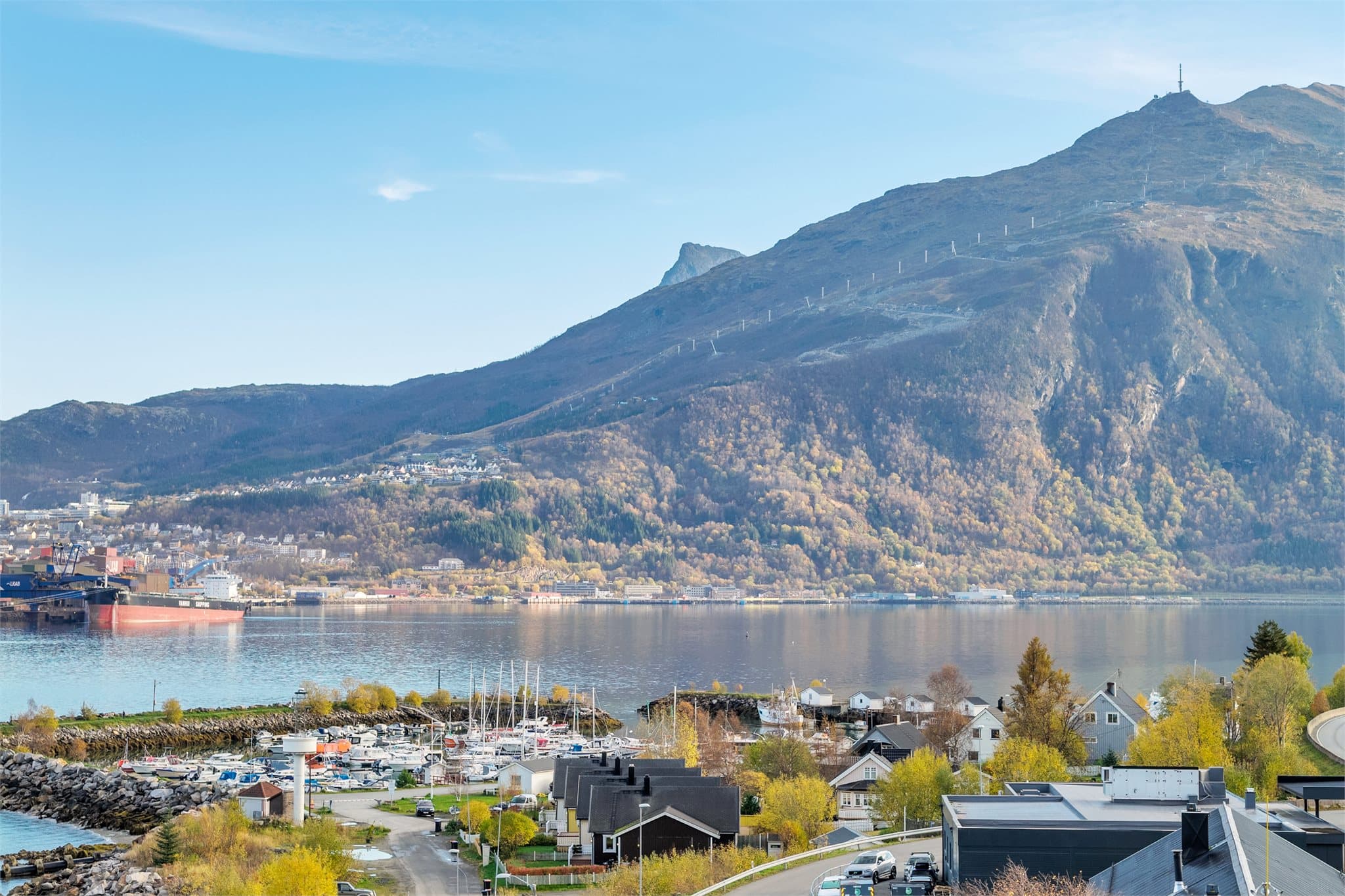 Utsikt mot småbåthavnen, Narvik by og Fagernesfjellet på den andre siden av fjorden.