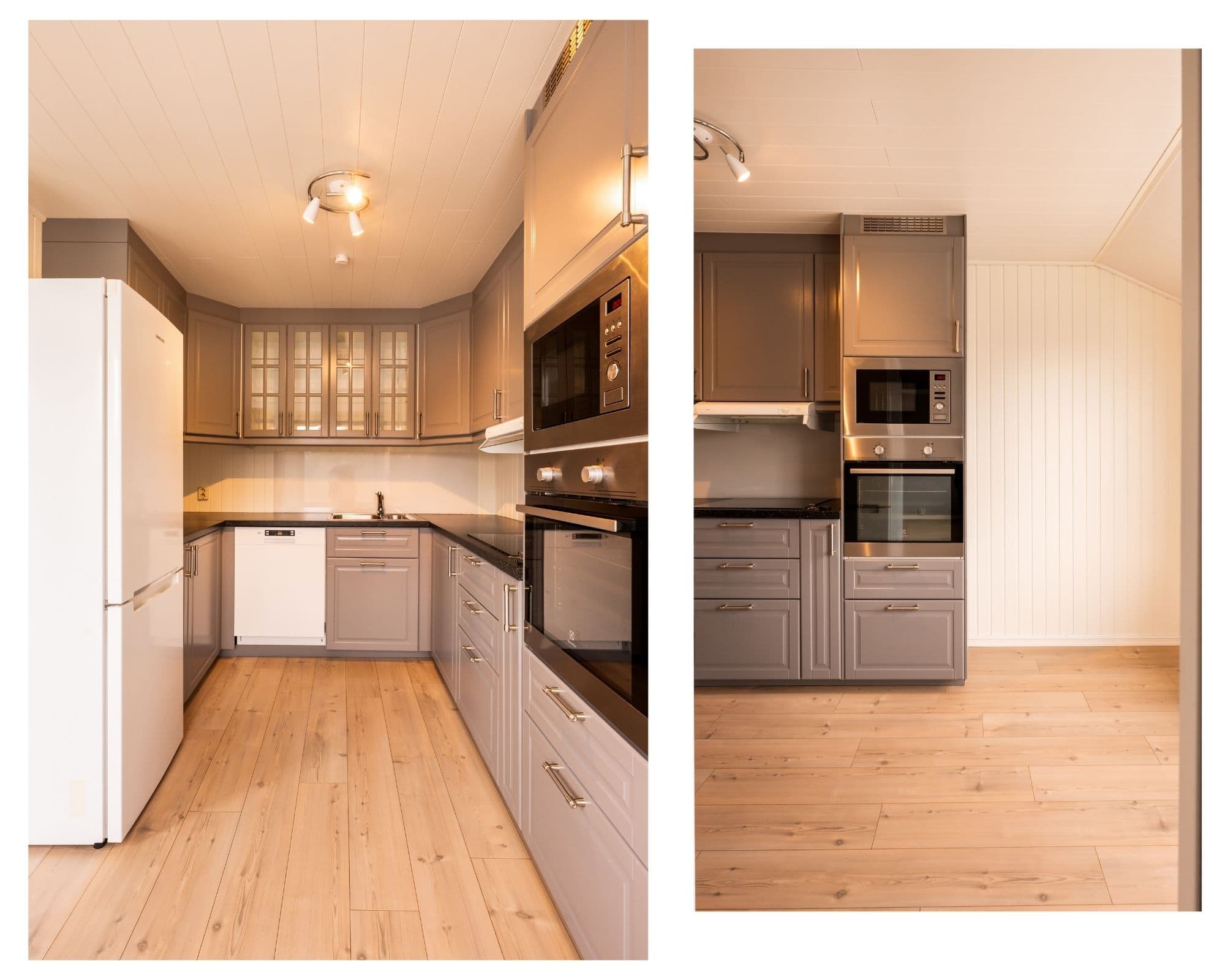 Kjøkkenet har opplegg for frittstående oppvaskmaskin, 1- greps kran, platetopp, stekeovn, mikrobølgeovn og frittstående kjøl/fryseskap.