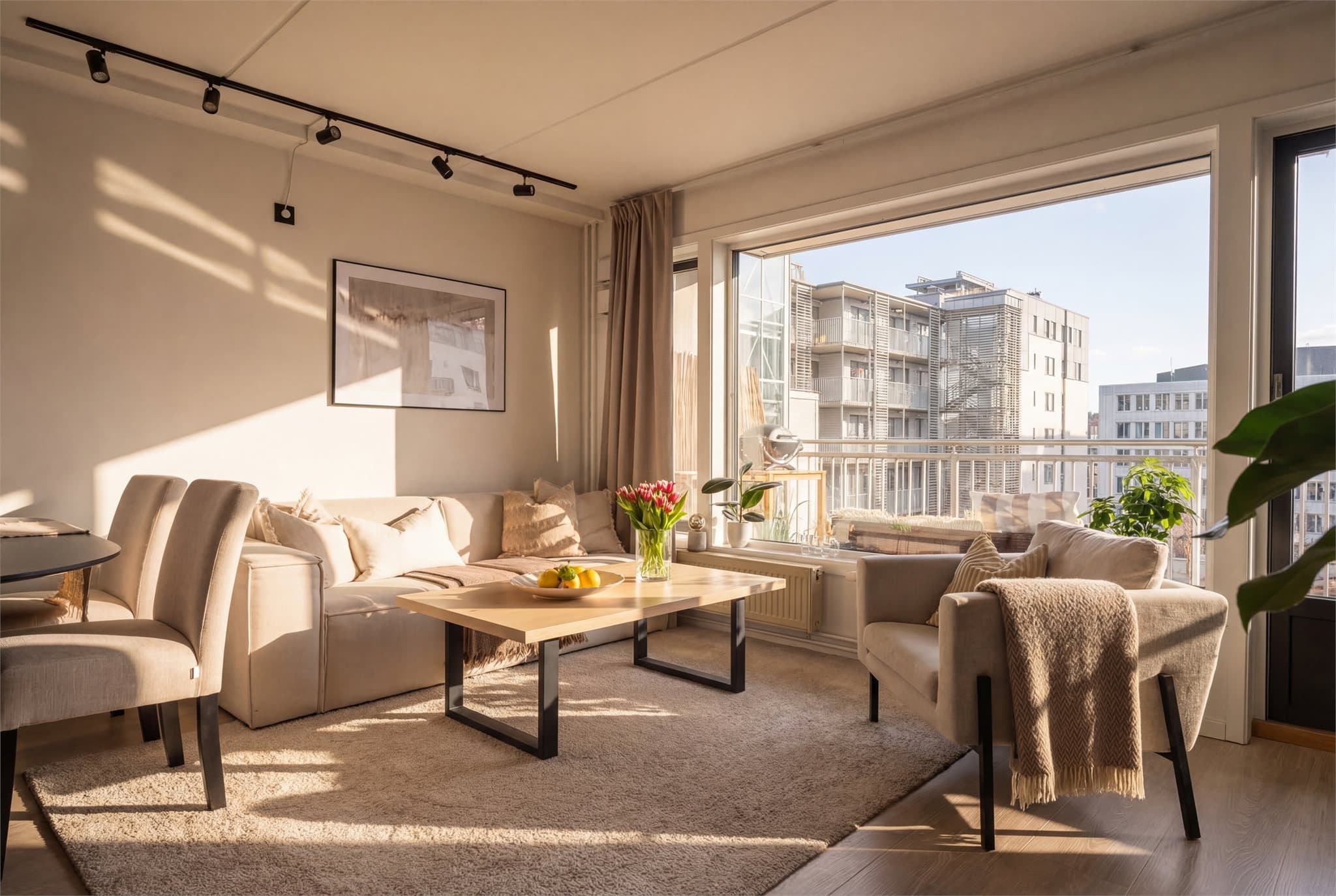 Vestvendt beliggenhet med gode solforhold til sent på kvelden. God plass til stor sofa med tilhørende møblement.