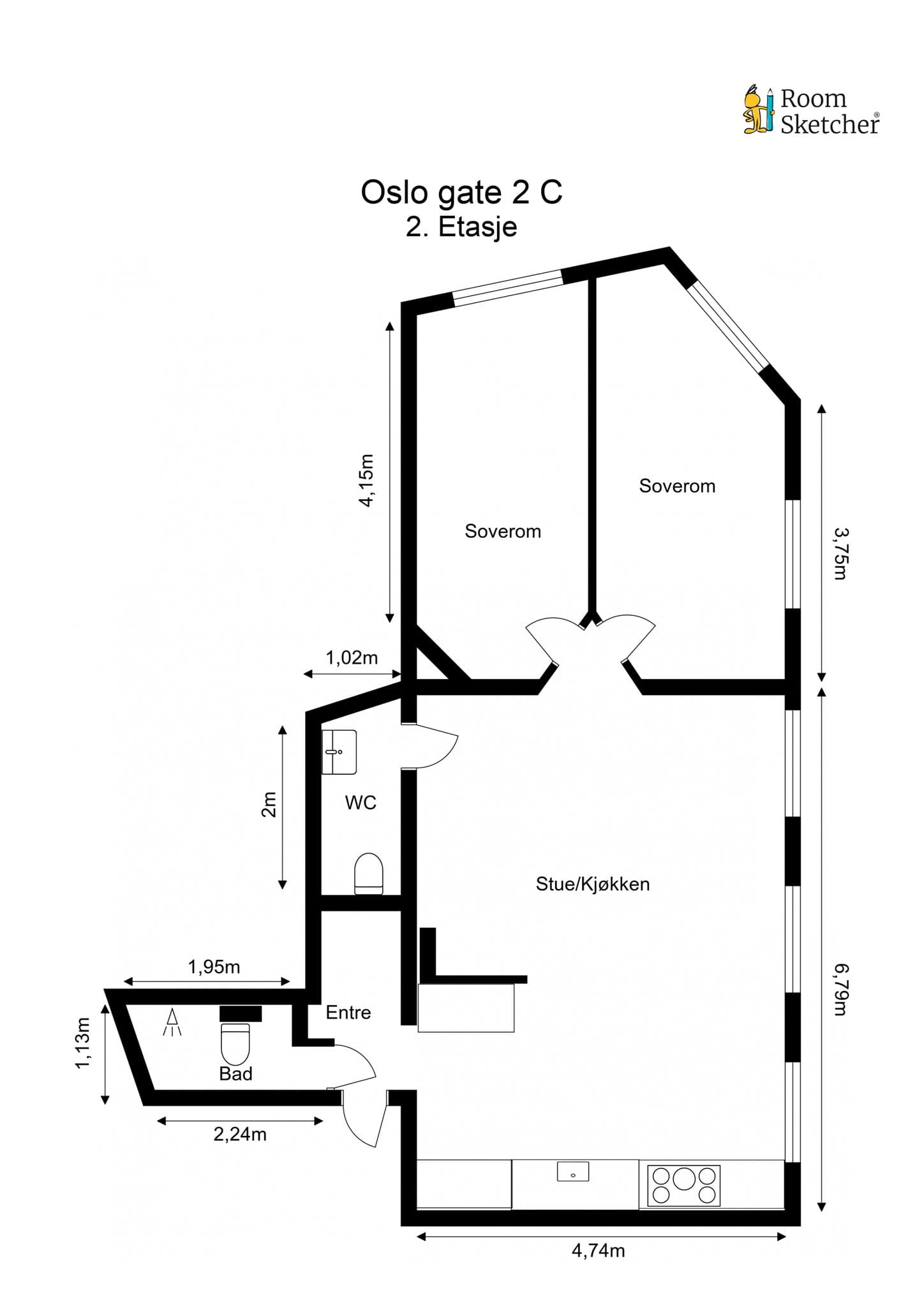 Plantegning, i tillegg disponerer leiligheten en kjellerbod.