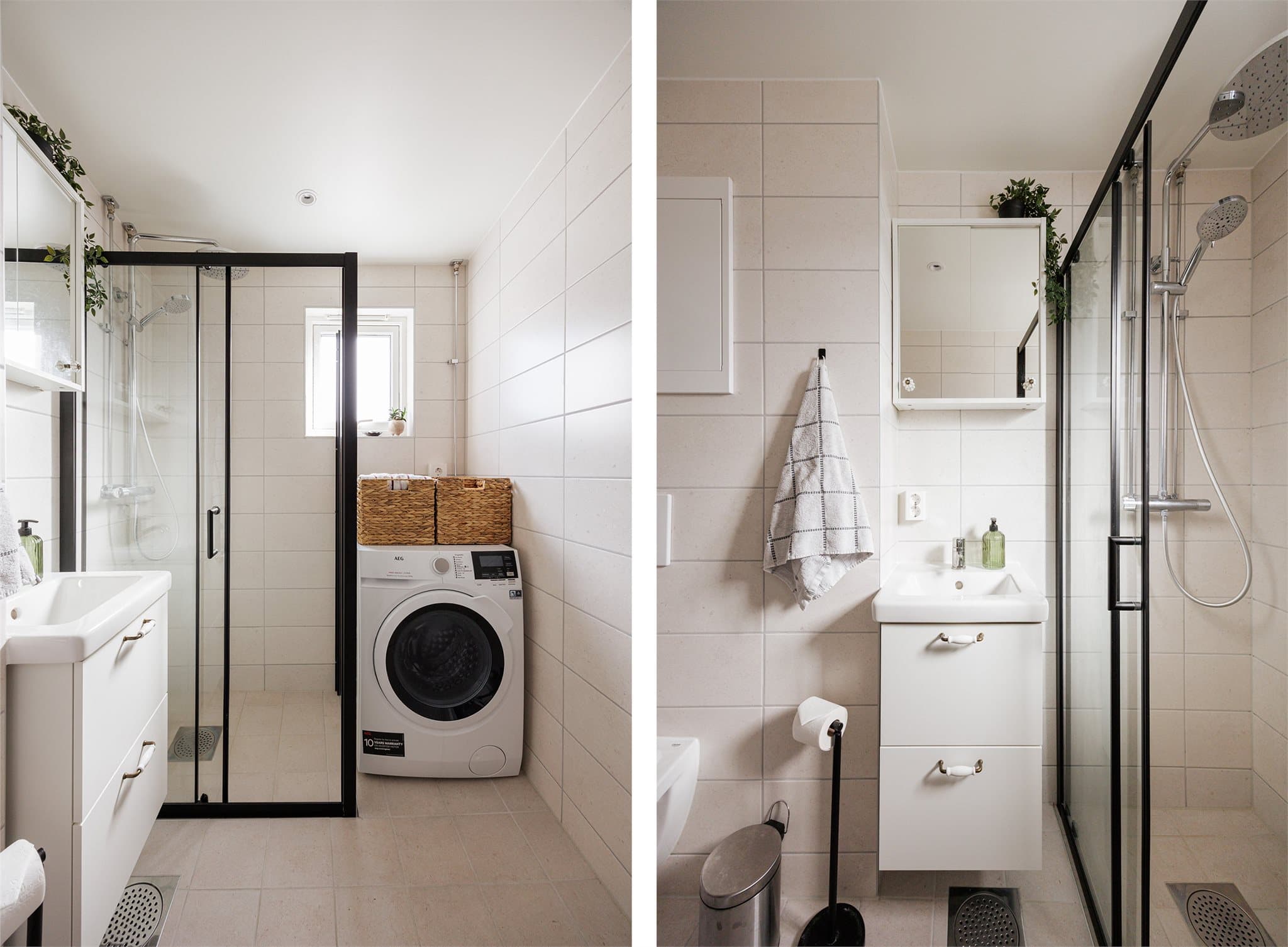 Badet var nytt i 2025 - i regi av borettslaget. Flislagte overflater i lyse toner. Baderomsinnredning med benkeskap med glatte fronter og veggskap med speil over servant.