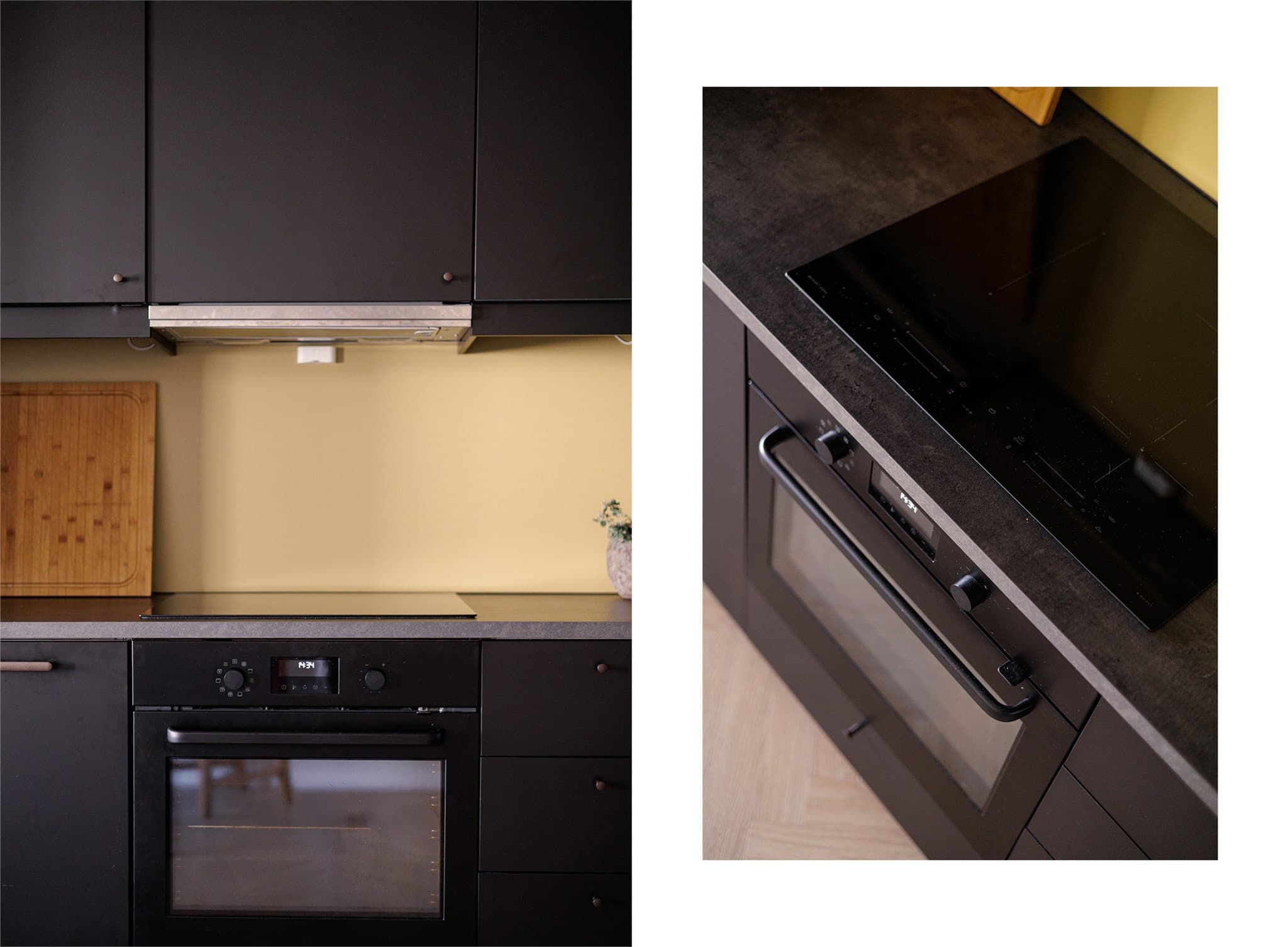 Integrerte hvitevarer inkluderer induksjonstopp, stekeovn, oppvaskmaskin og kjøl/frys.