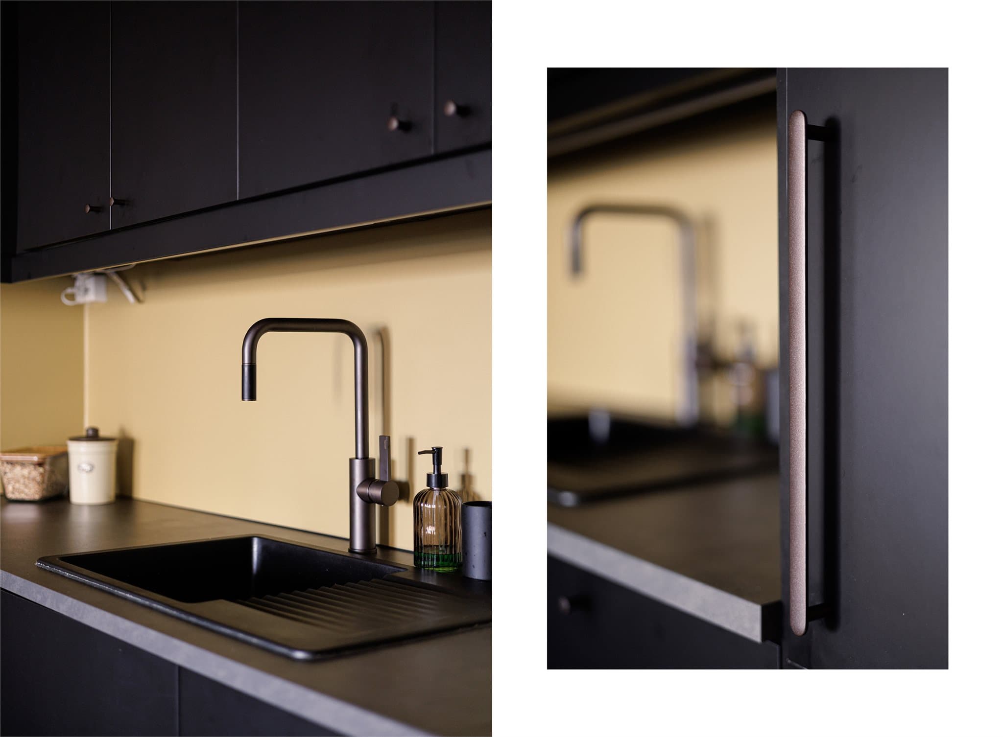 Kjøkkeninnredning med glatte fronter og laminat benkeplate med nedfelt kum.