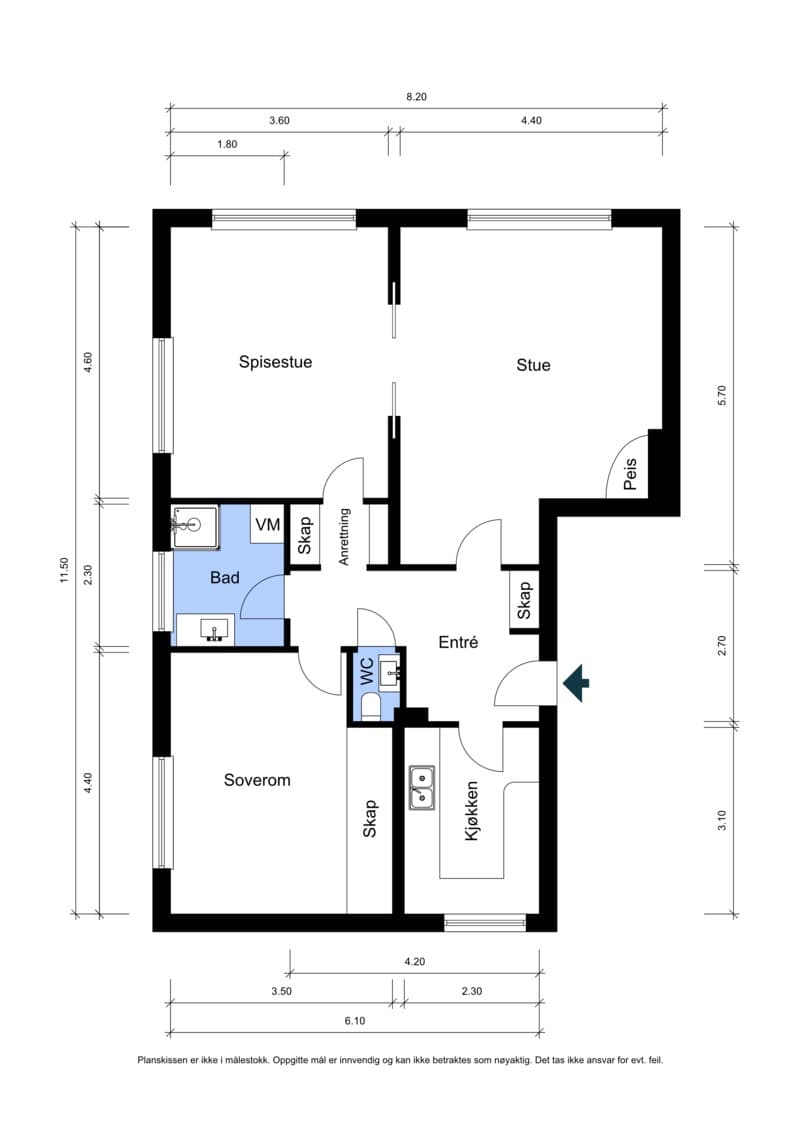 Planløsning. Leiligheten disponerer en kjellerbod på 3 kvm.