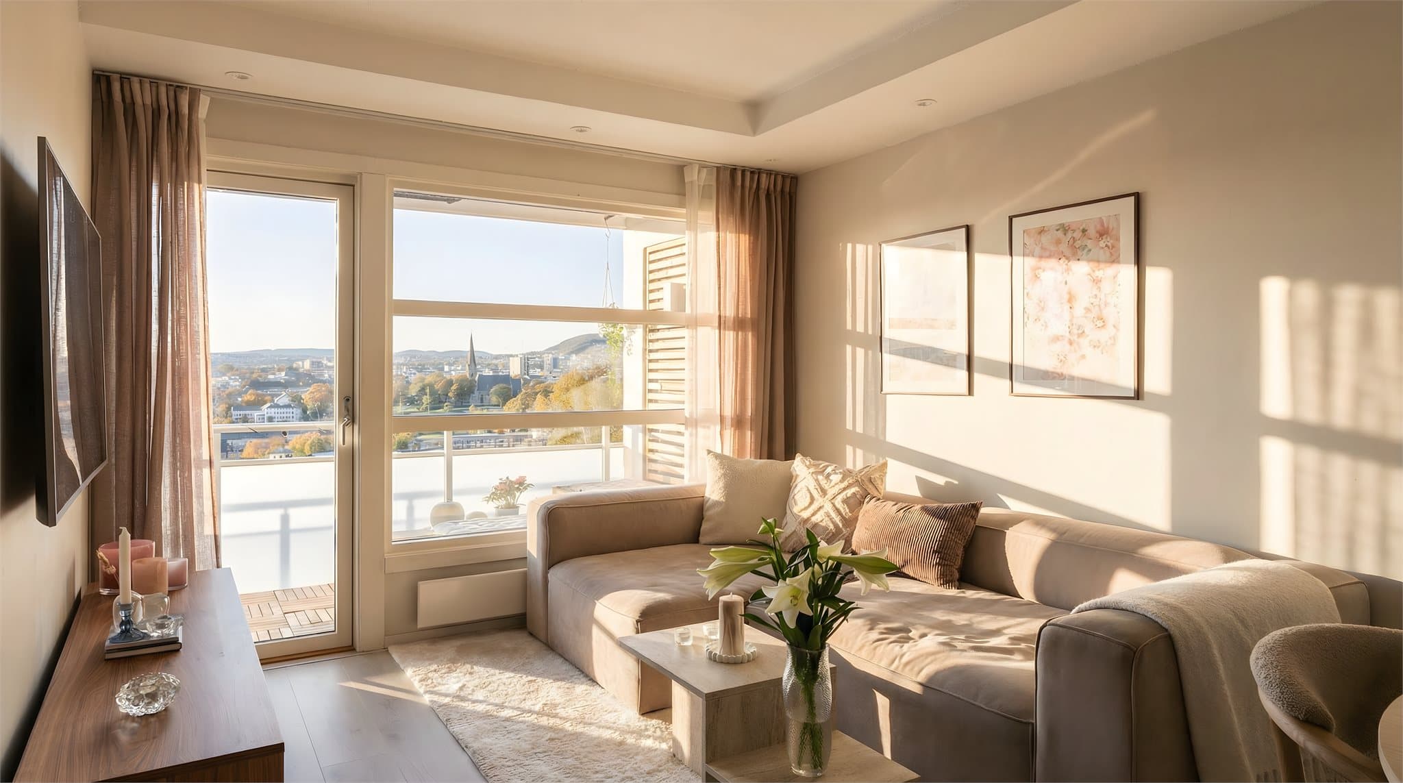 Boligen har en god og romslig planløsning med delikate overflater og spotbelysning som gir en god atmosfære på kveldstid.