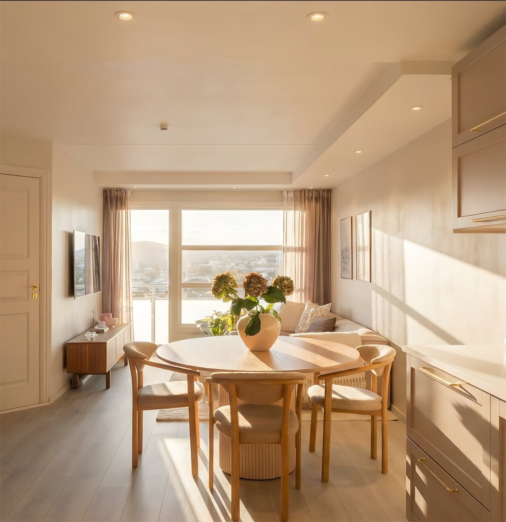 Det er også god plass til spisebord med tilhørende stoler (både rundt og rektangulært) så her kan du invitere til hyggelige middagsselskaper.