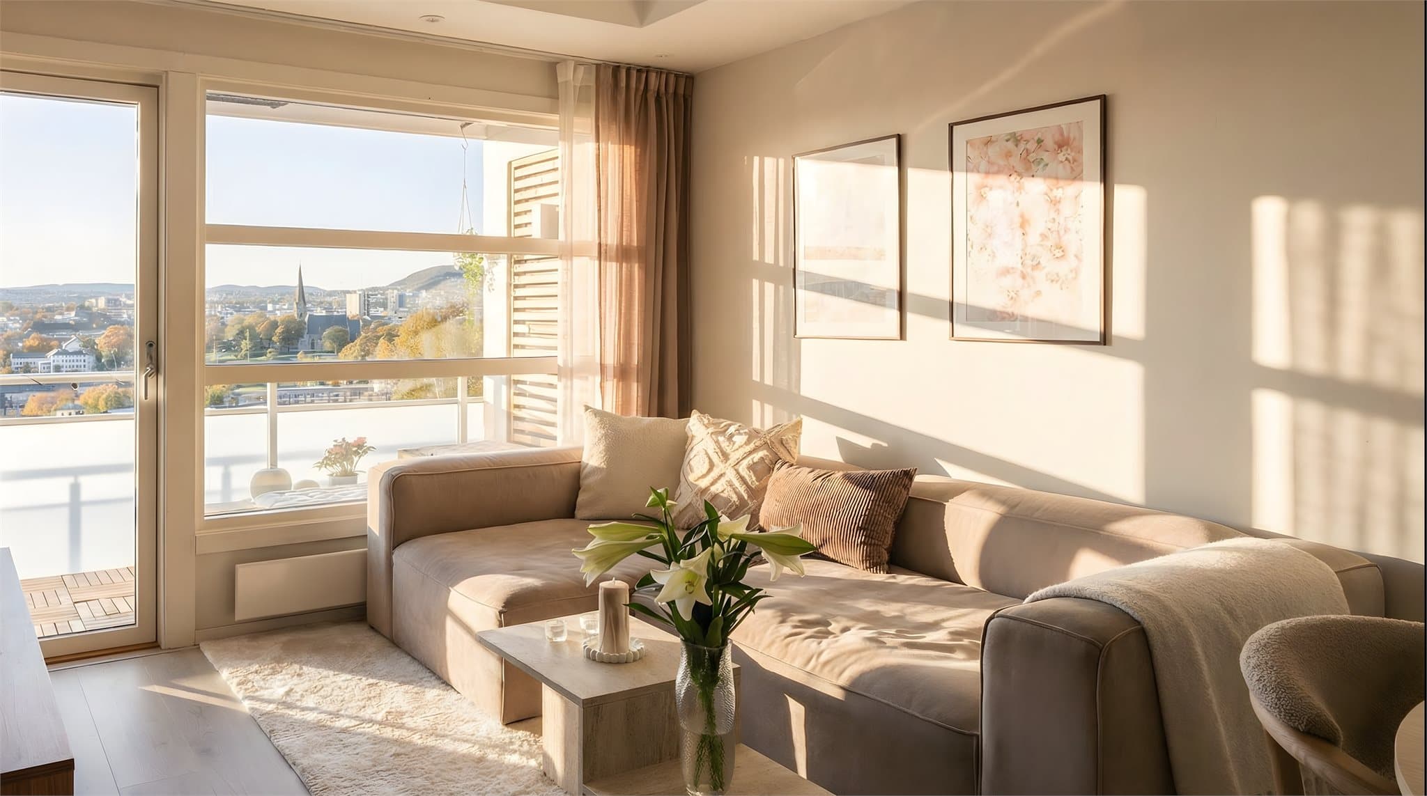 Boligen har en romslig stue med god plass til stor sofa hvor du kan slappe av og nyte utsikten.