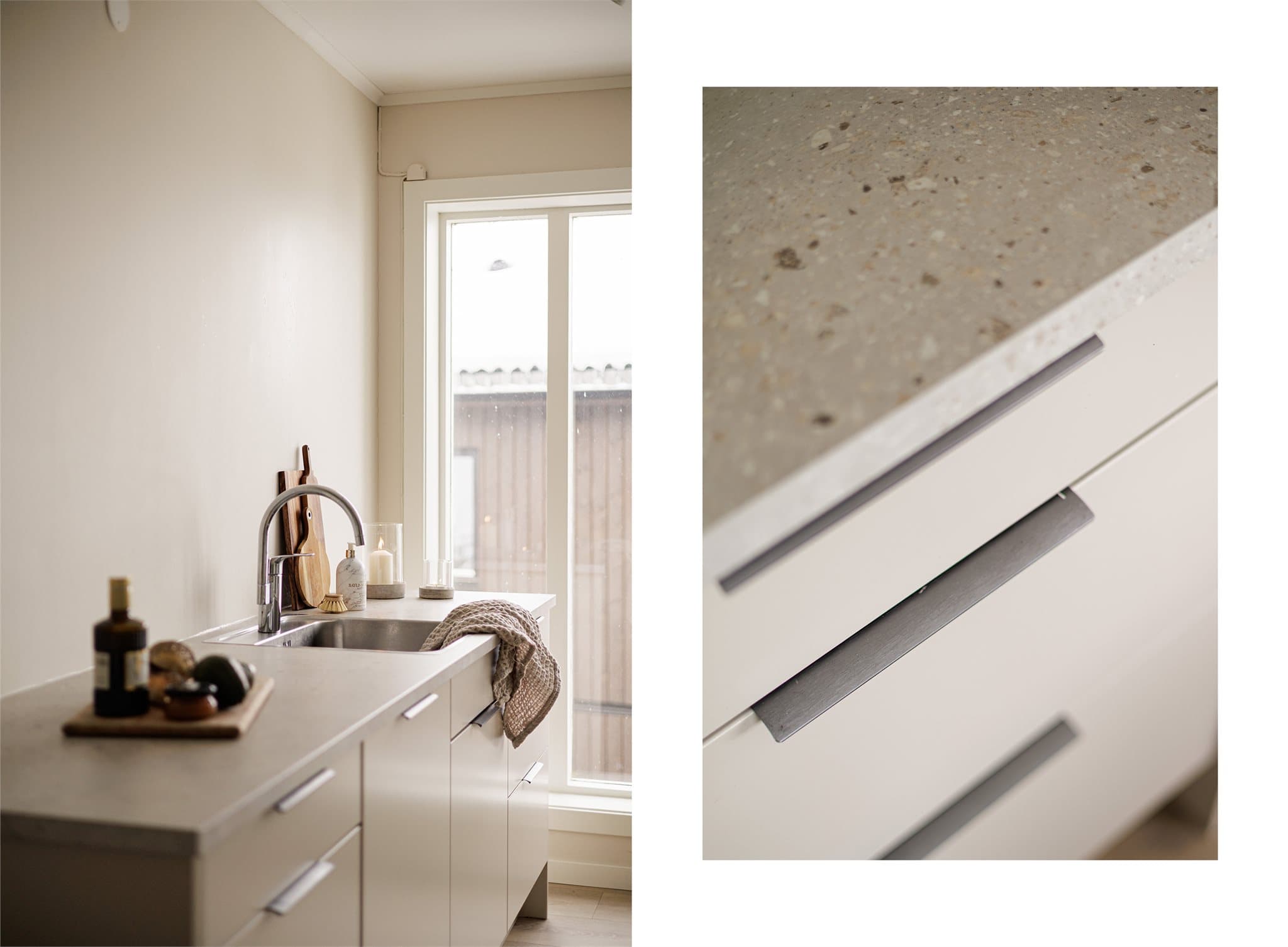 Gjennomtenkte løsninger og rene linjer gir kjøkkenet et moderne preg, med god skapplass og praktisk arbeidsflate.