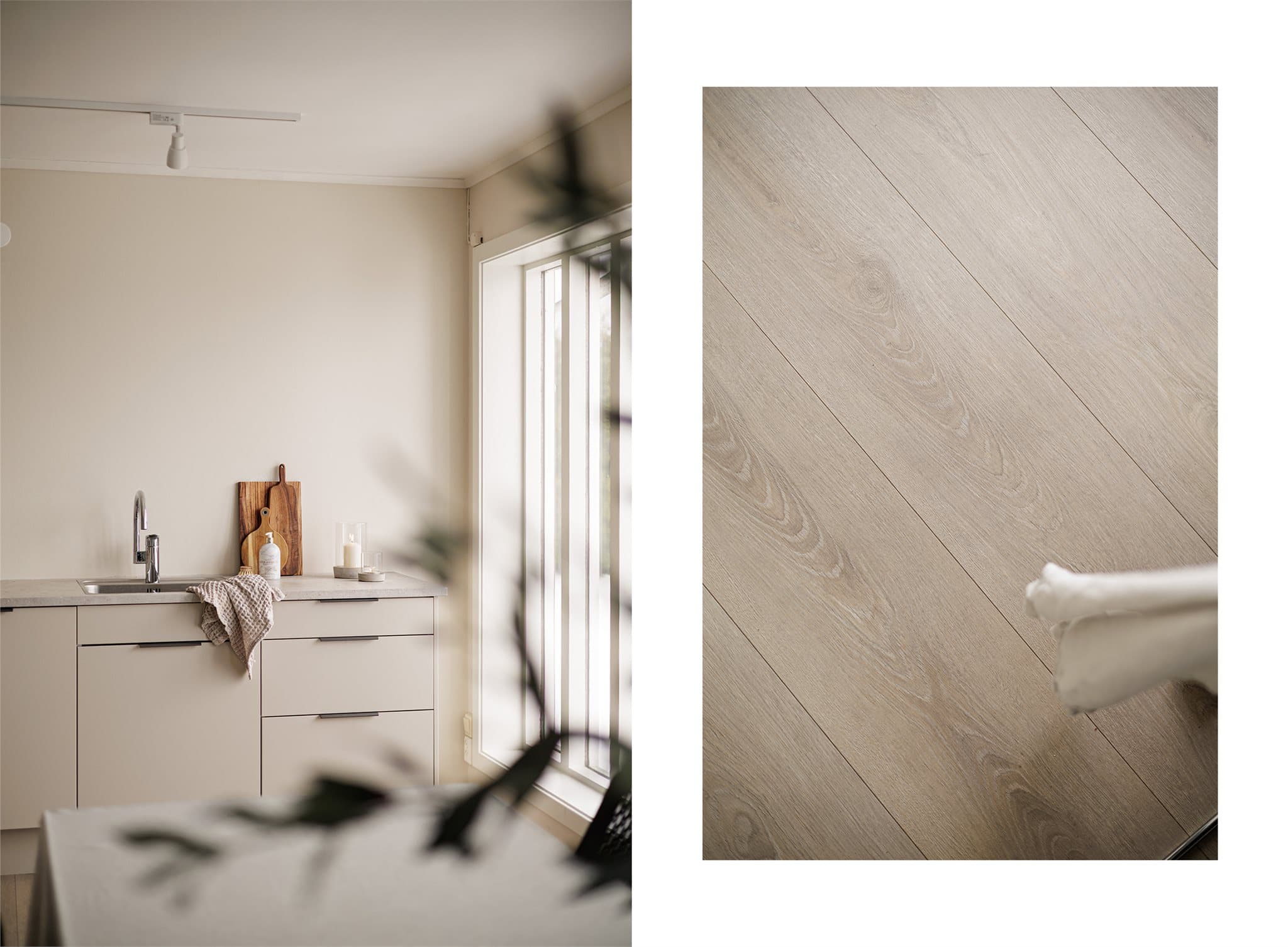 Laminatgulv i kjøkken og spiseområde gir et helhetlig og praktisk gulvvalg med slitesterk overflate.