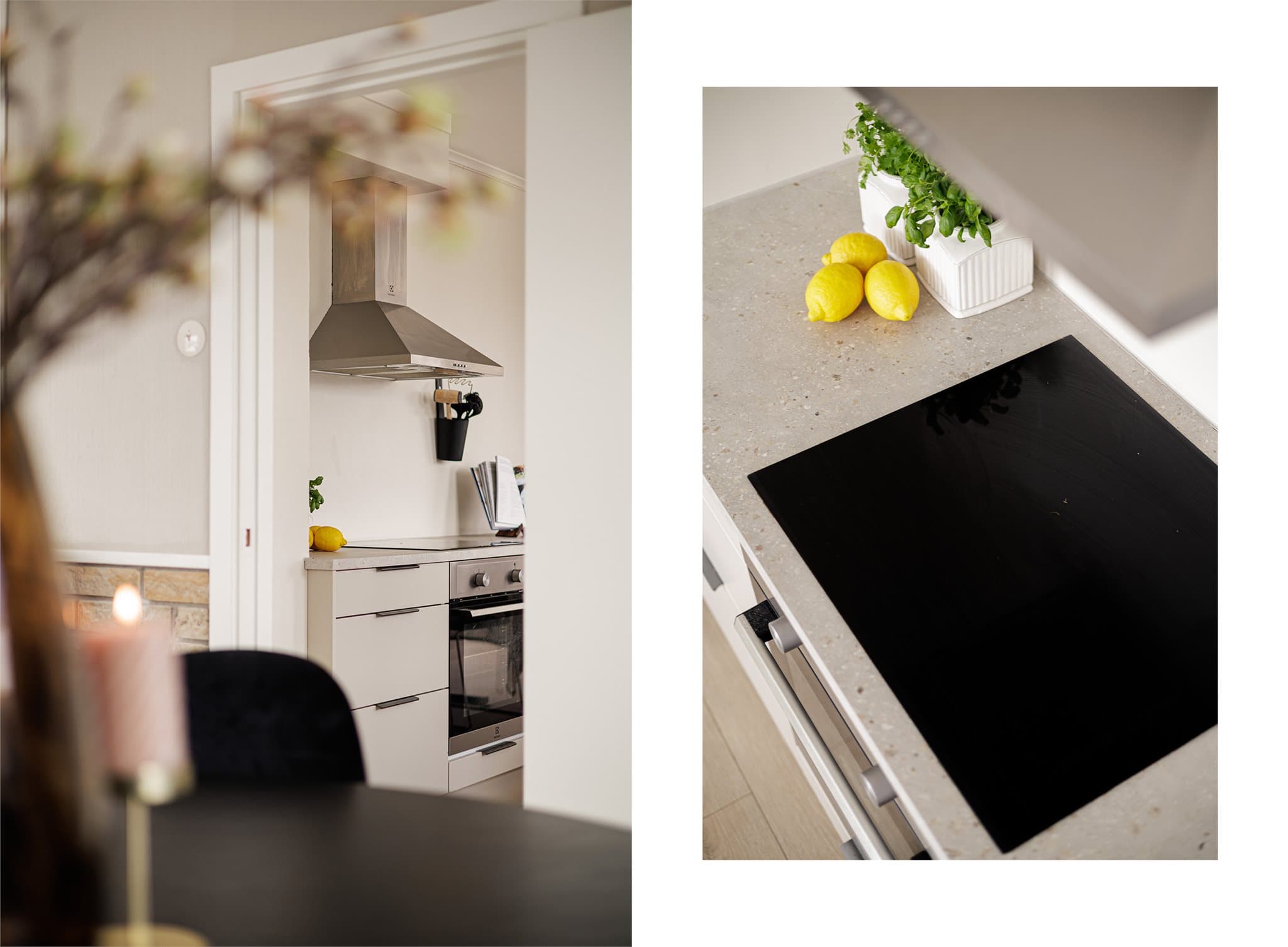 Integrerte hvitevarer som induksjonstopp, stekeovn, oppvaskmaskin og kjøl/frys sørger for både funksjonalitet og et ryddig design.