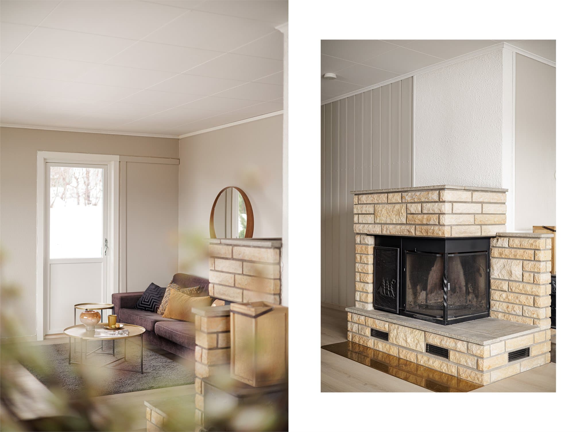 Peisen skaper et hyggelig midtpunkt i rommet og bidrar til både varme og stemning.